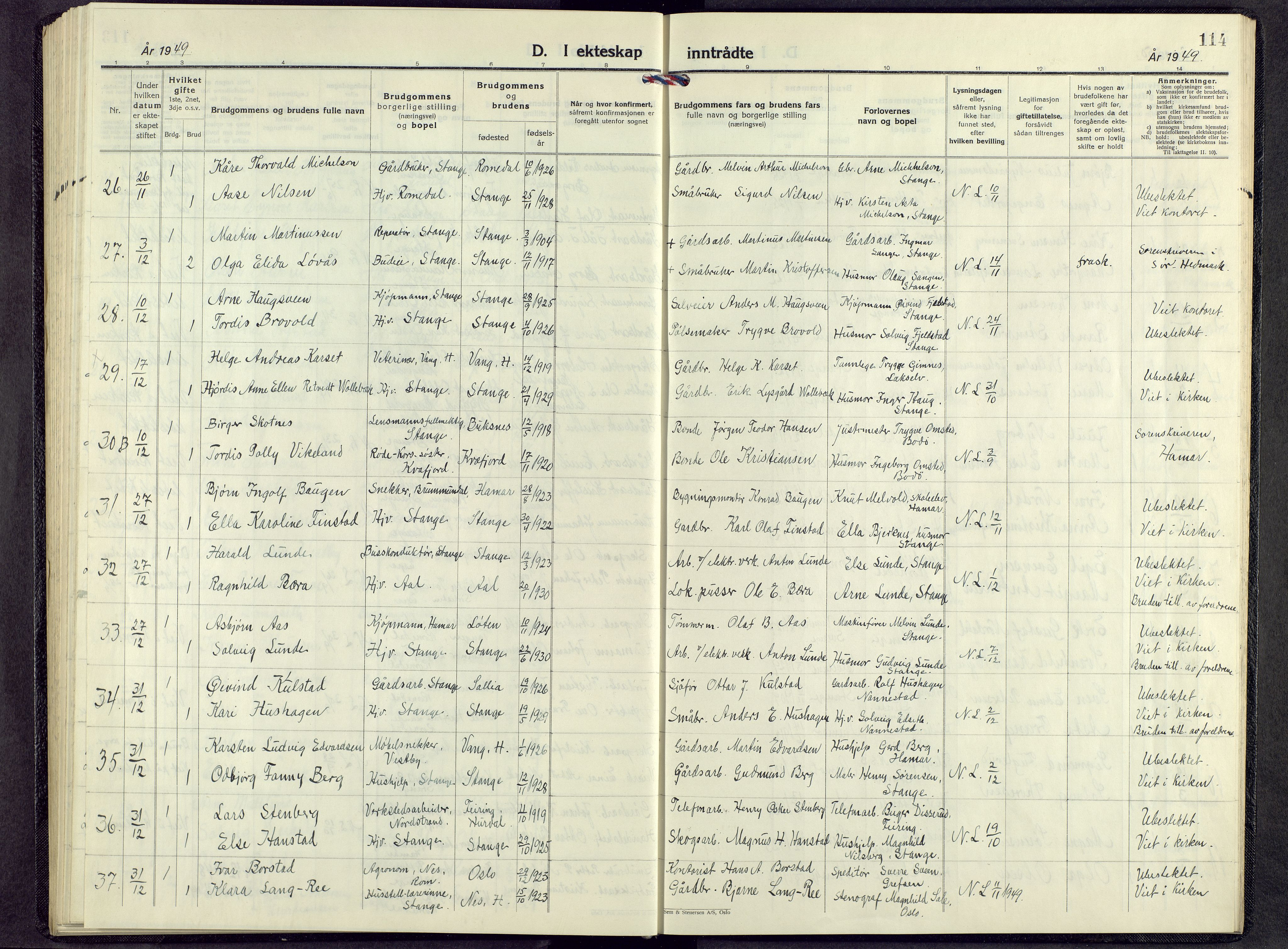 Stange prestekontor, AV/SAH-PREST-002/L/L0022: Klokkerbok nr. 22, 1948-1954, s. 114