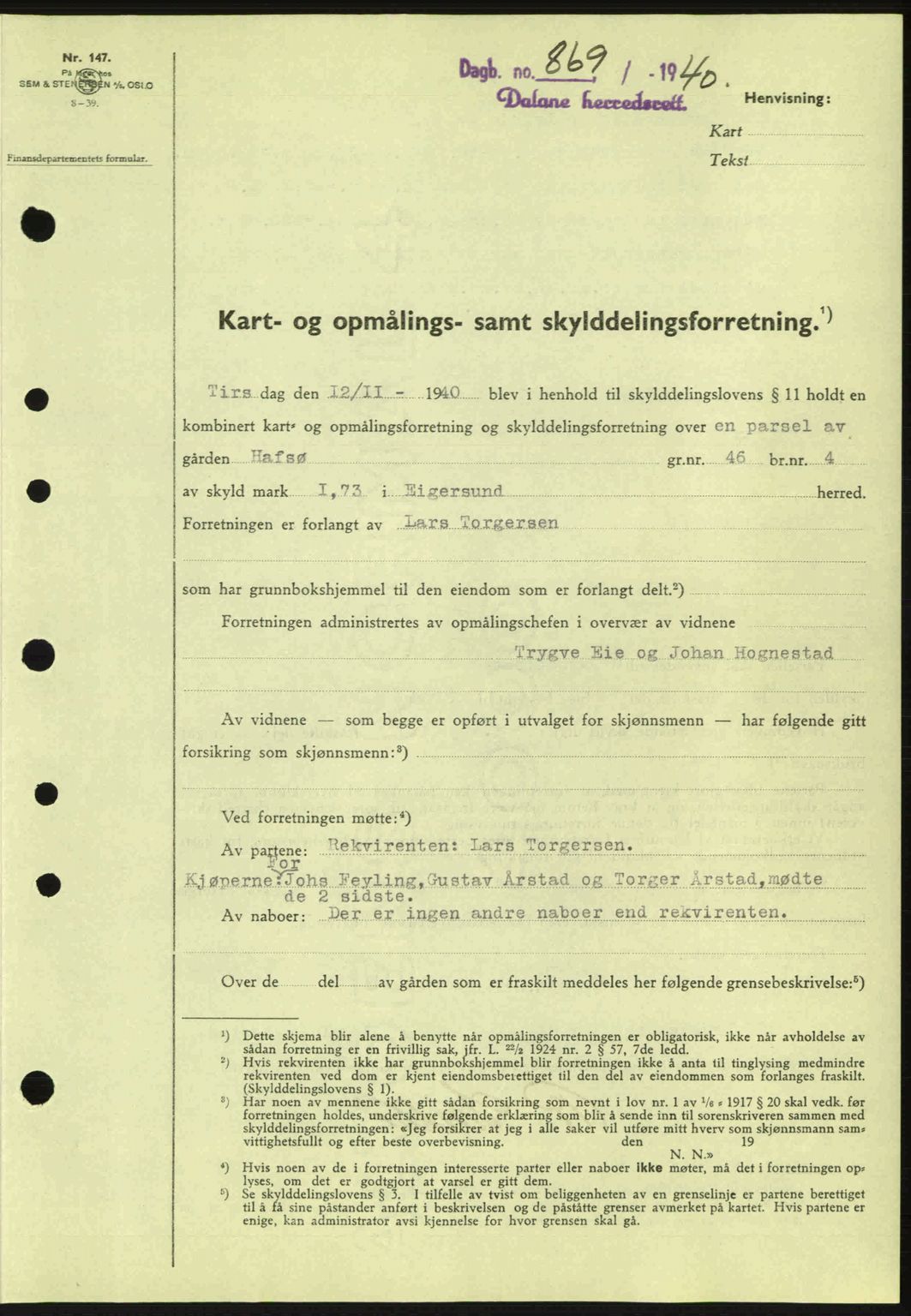 Dalane sorenskriveri, SAST/A-100309/02/G/Gb/L0044: Pantebok nr. A5, 1940-1941, Dagboknr: 869/1940