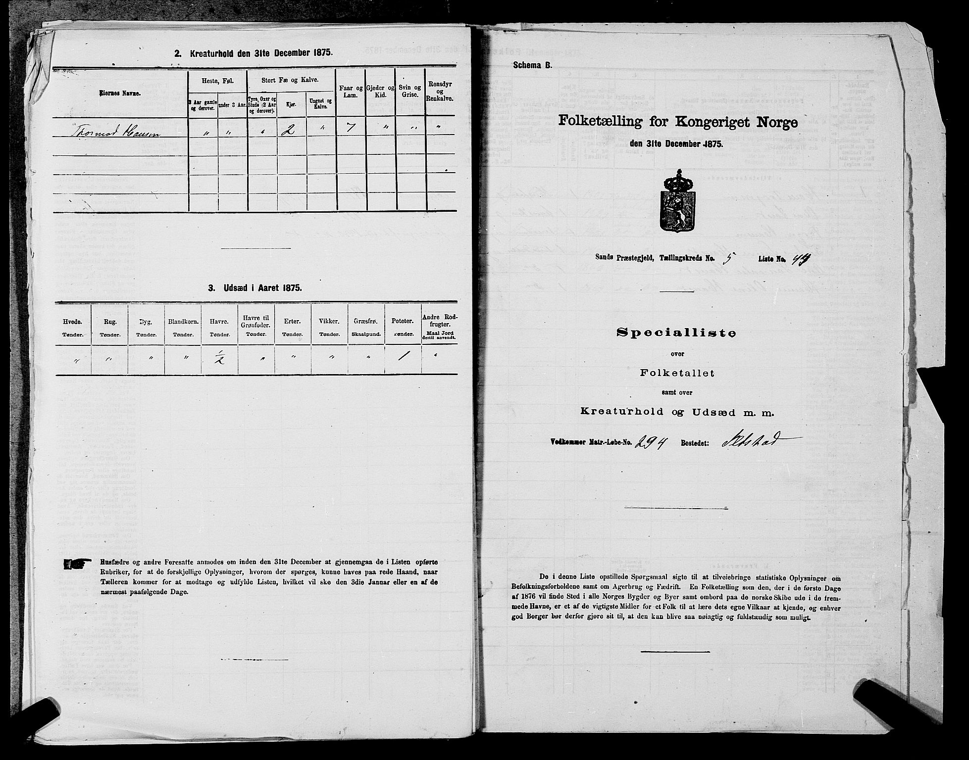 SAST, Folketelling 1875 for 1136P Sand prestegjeld, 1875, s. 745