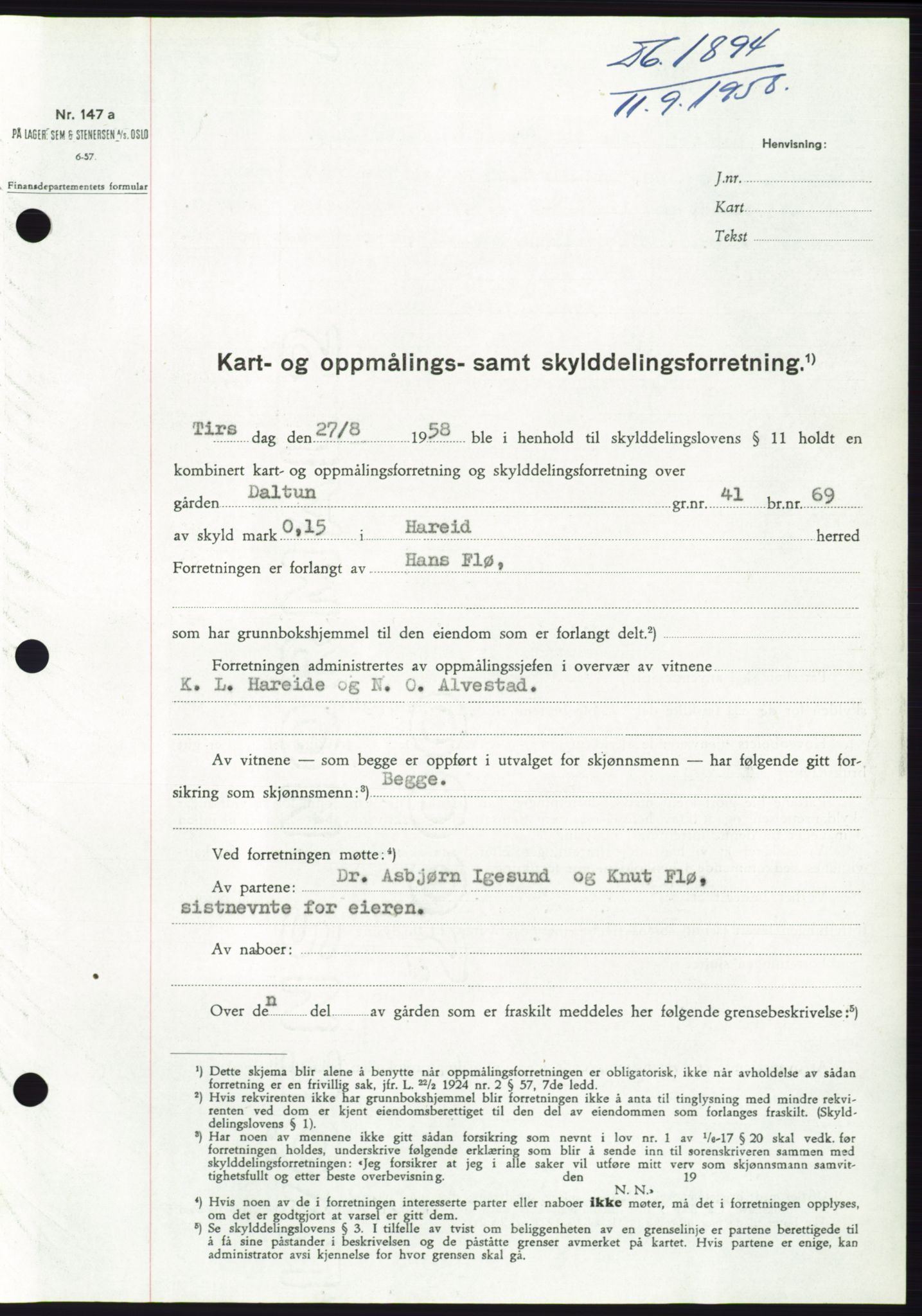 Søre Sunnmøre sorenskriveri, AV/SAT-A-4122/1/2/2C/L0110: Pantebok nr. 36A, 1958-1958, Dagboknr: 1894/1958