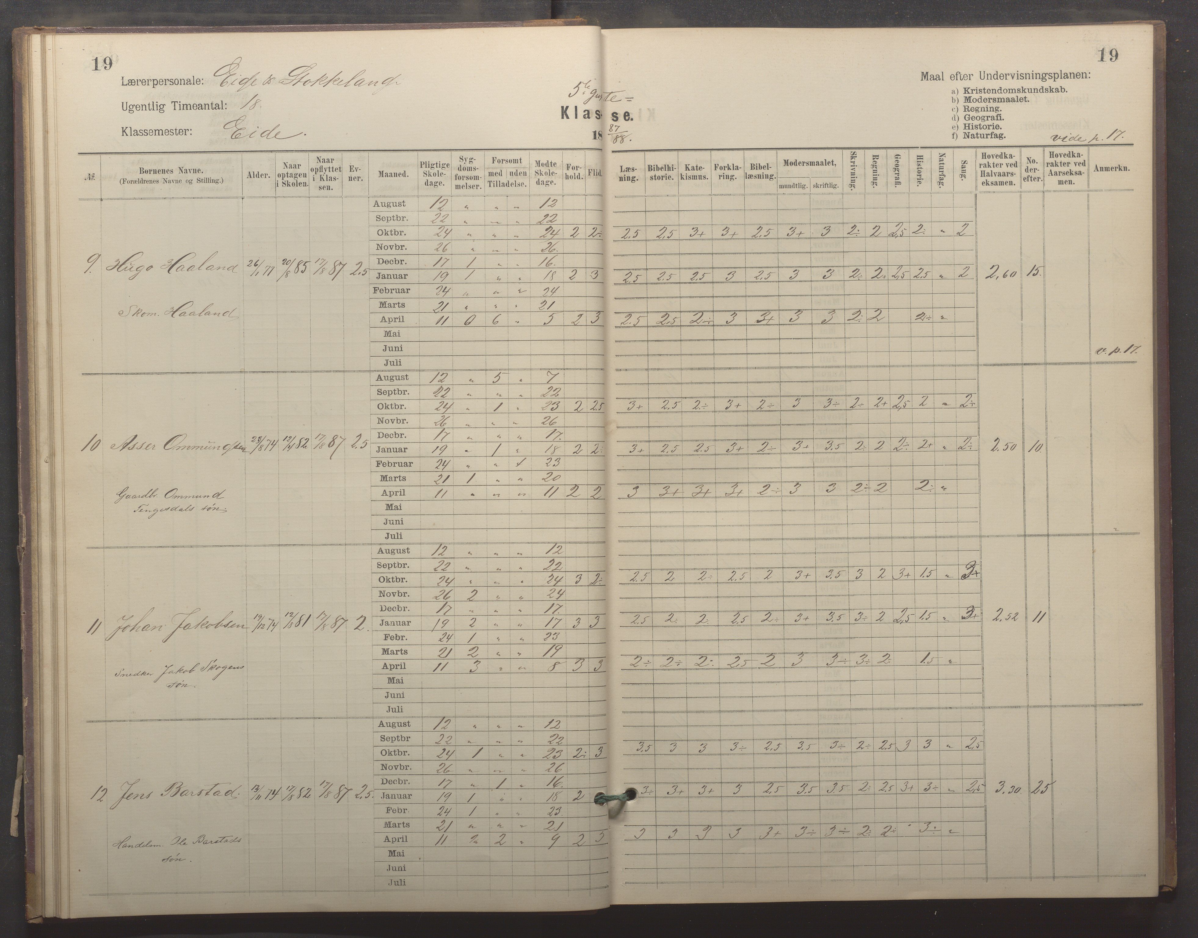 Egersund kommune (Ladested) - Egersund almueskole/folkeskole, IKAR/K-100521/H/L0022: Skoleprotokoll - Almueskolen, 5. klasse, 1886-1892, s. 19