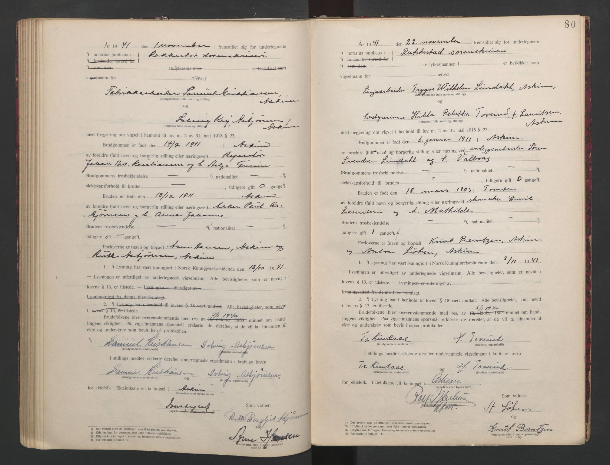 Rakkestad sorenskriveri, SAO/A-10686/L/Lc/Lca/L0001: Vigselbøker, 1920-1942, s. 80