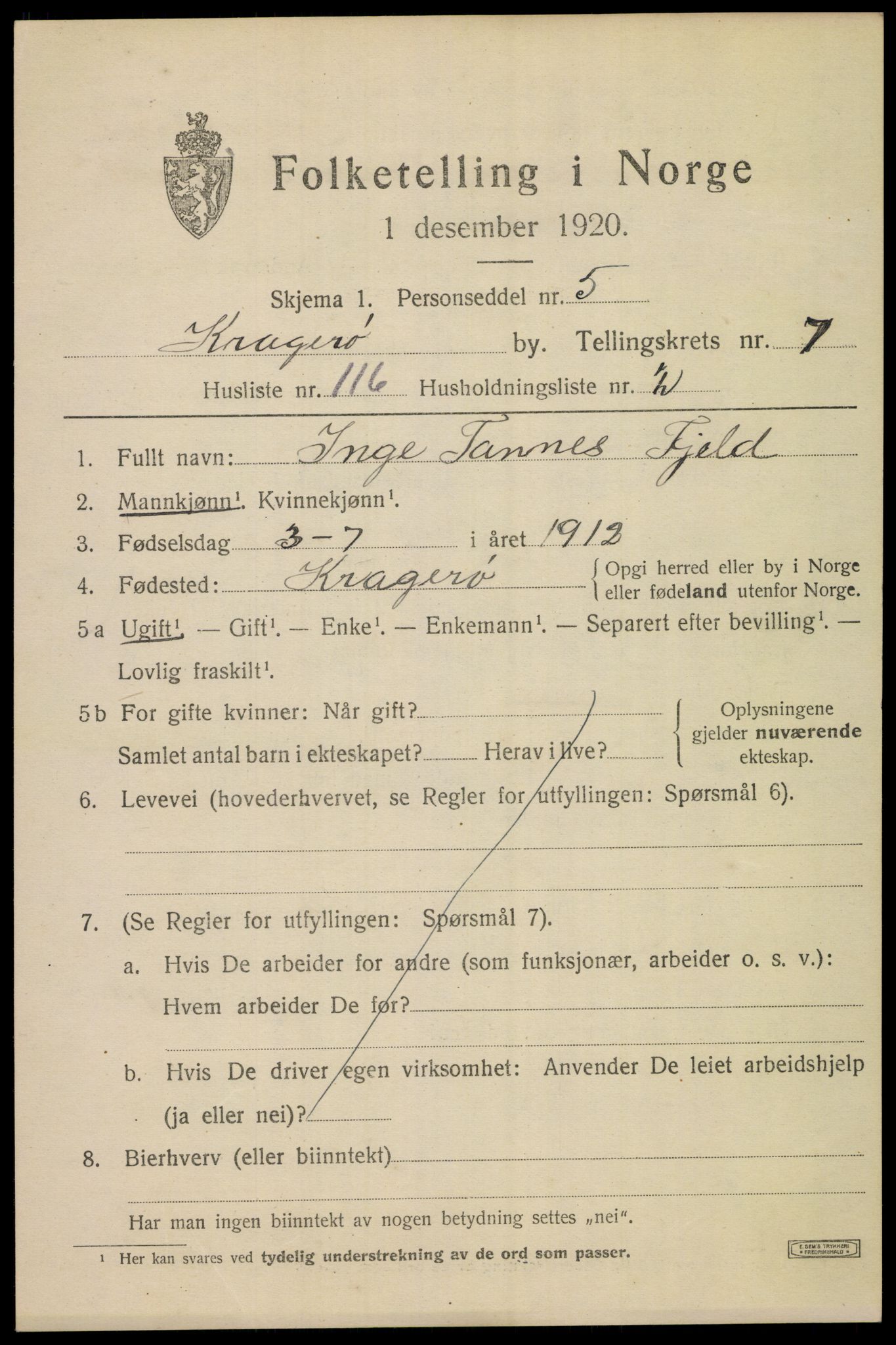 SAKO, Folketelling 1920 for 0801 Kragerø kjøpstad, 1920, s. 11039