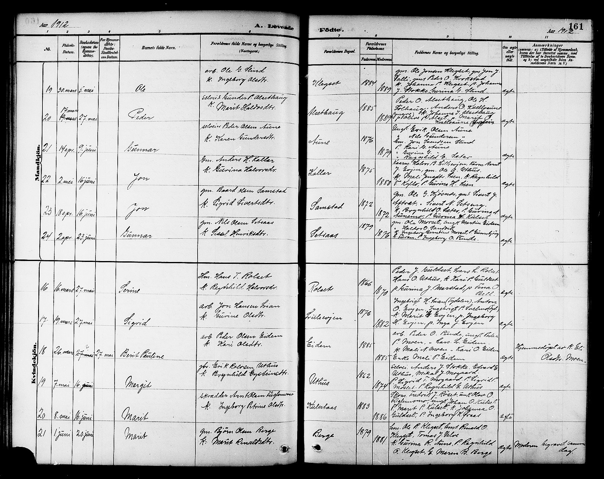 Ministerialprotokoller, klokkerbøker og fødselsregistre - Sør-Trøndelag, AV/SAT-A-1456/695/L1157: Klokkerbok nr. 695C08, 1889-1913, s. 161