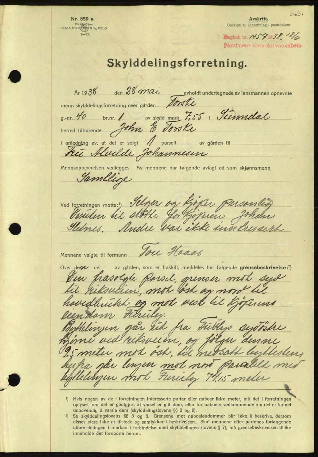 Nordmøre sorenskriveri, SAT/A-4132/1/2/2Ca: Pantebok nr. A83, 1938-1938, Dagboknr: 1457/1938
