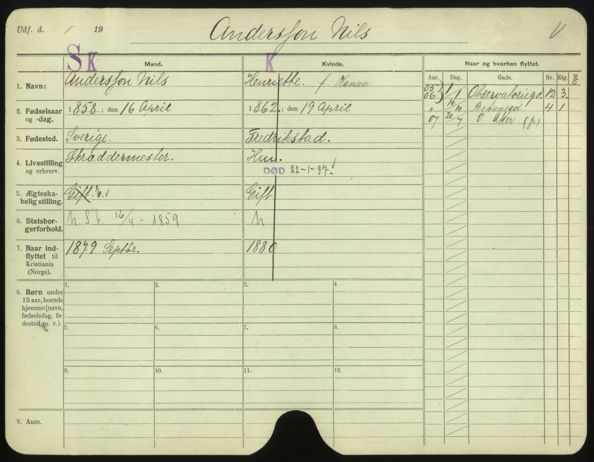 Oslo folkeregister, Registerkort, SAO/A-11715/F/Fa/Fac/L0001: Menn, 1906-1914, s. 401a