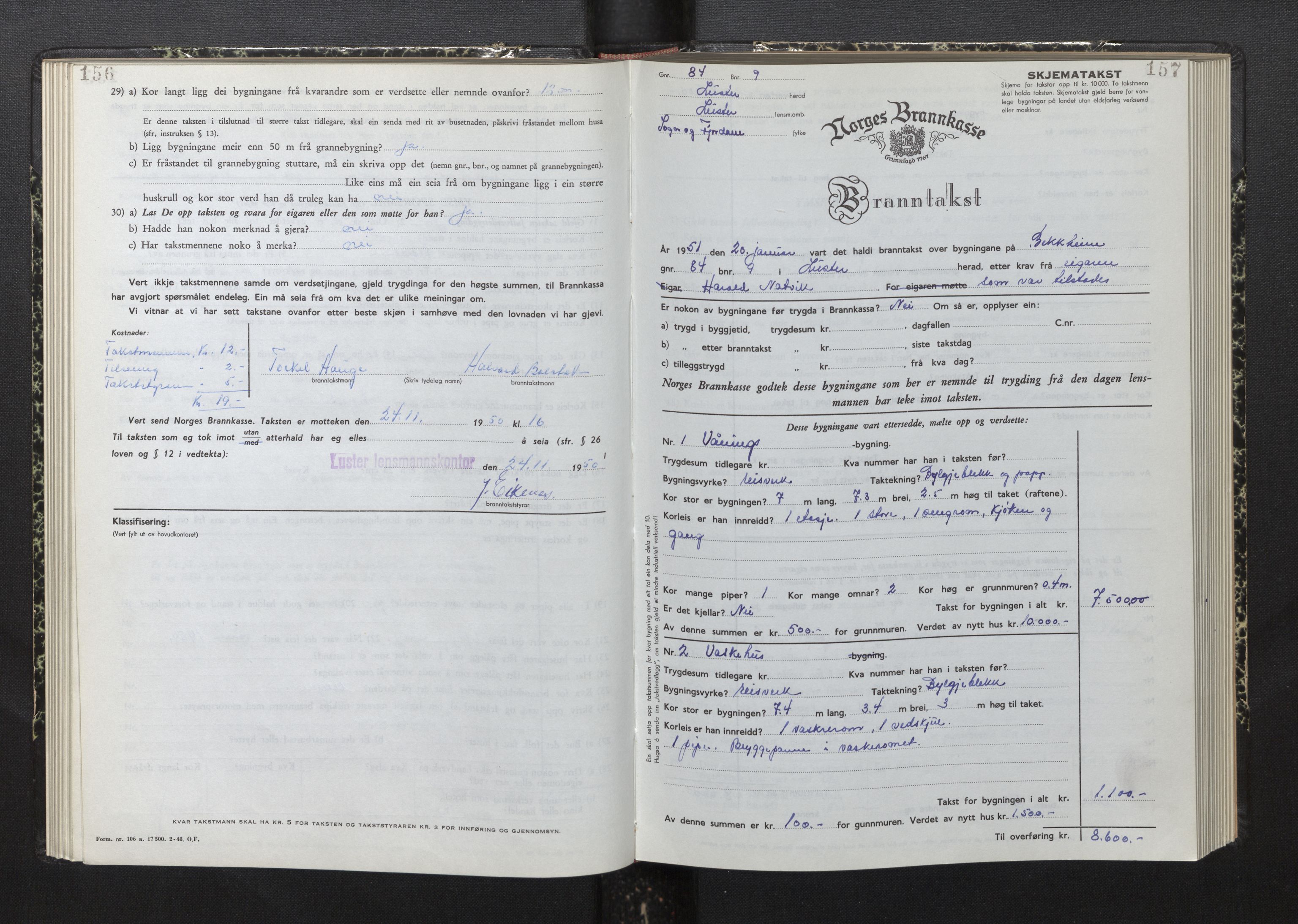 Lensmannen i Luster, AV/SAB-A-29301/0012/L0008: Branntakstprotokoll, skjematakst, 1949-1955, s. 156-157