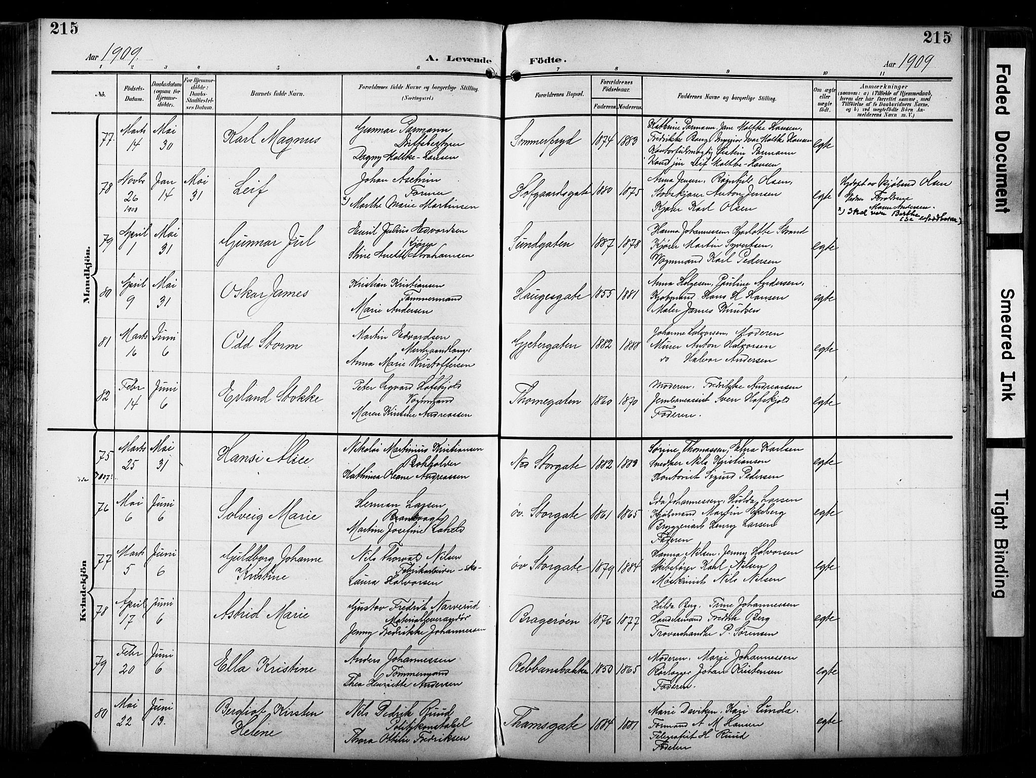 Bragernes kirkebøker, AV/SAKO-A-6/F/Fb/L0009: Ministerialbok nr. II 9, 1902-1911, s. 215