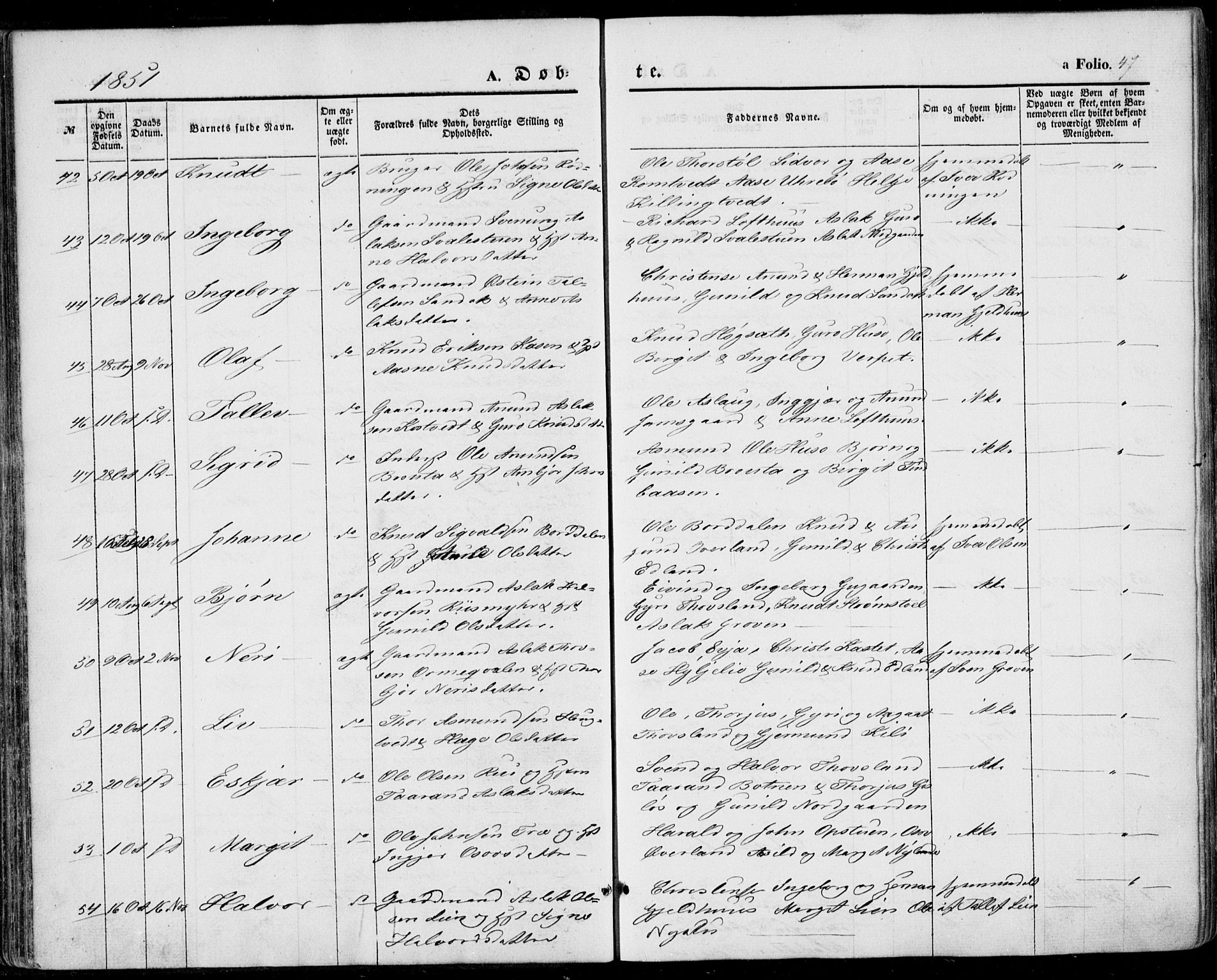 Vinje kirkebøker, AV/SAKO-A-312/F/Fa/L0004: Ministerialbok nr. I 4, 1843-1869, s. 47