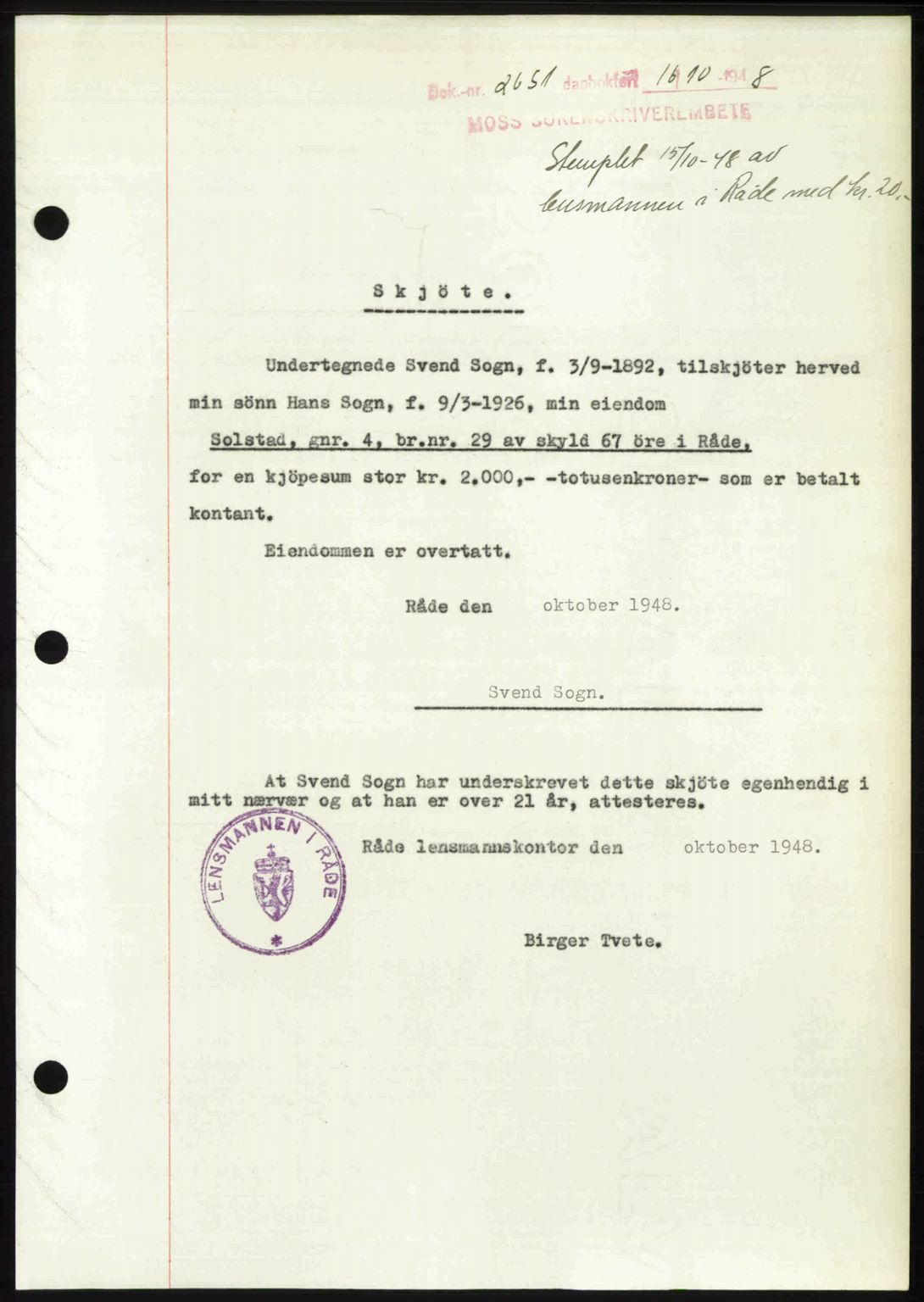 Moss sorenskriveri, SAO/A-10168: Pantebok nr. A20, 1948-1948, Dagboknr: 2651/1948