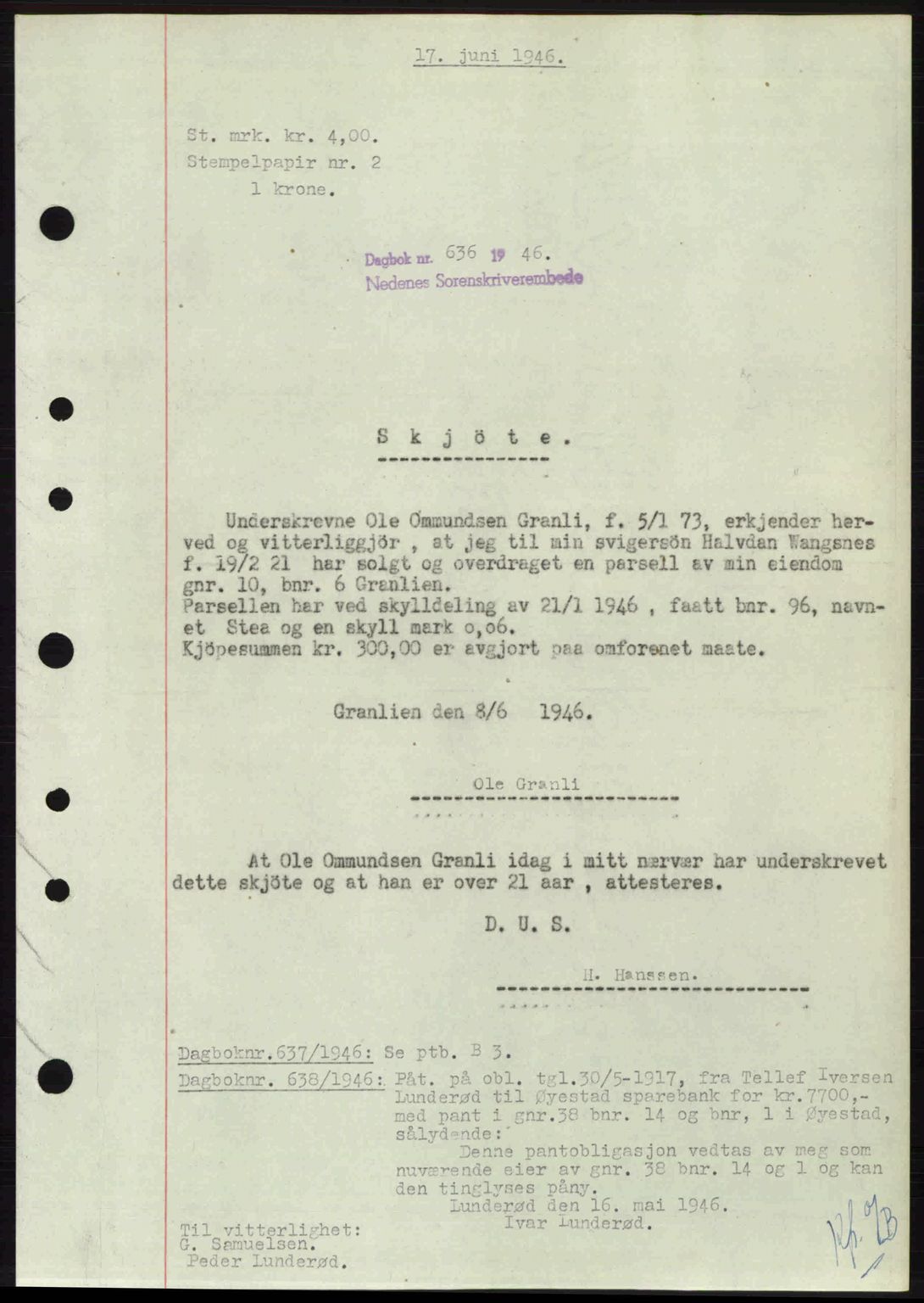 Nedenes sorenskriveri, SAK/1221-0006/G/Gb/Gba/L0055: Pantebok nr. A7, 1946-1946, Dagboknr: 636/1946