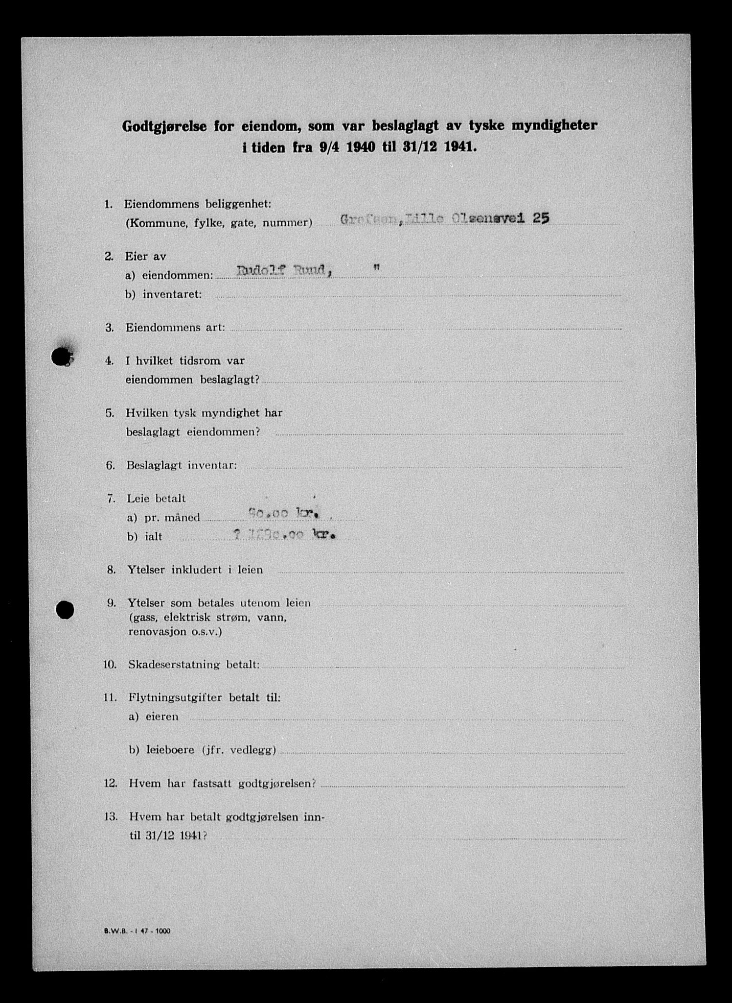 Justisdepartementet, Tilbakeføringskontoret for inndratte formuer, RA/S-1564/I/L1011: Godtgjørelse for beslaglagt eiendom, 1940-1941, s. 517