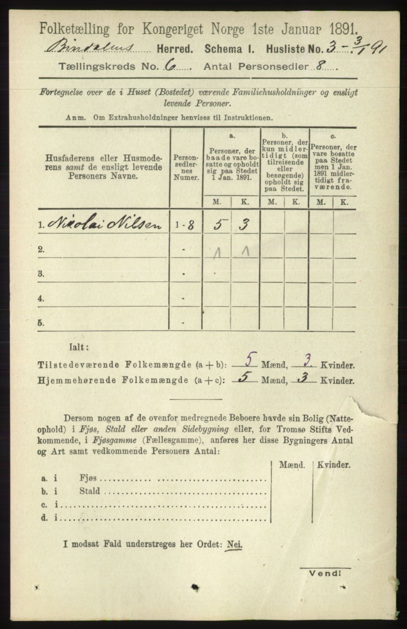 RA, Folketelling 1891 for 1811 Bindal herred, 1891, s. 1643