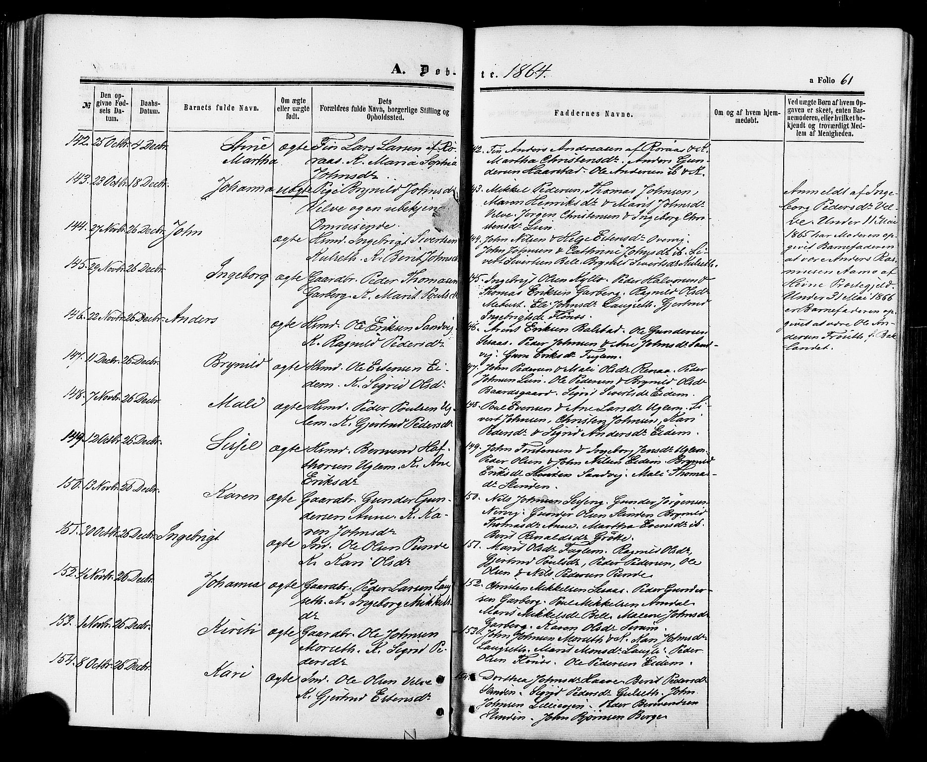Ministerialprotokoller, klokkerbøker og fødselsregistre - Sør-Trøndelag, SAT/A-1456/695/L1147: Ministerialbok nr. 695A07, 1860-1877, s. 61