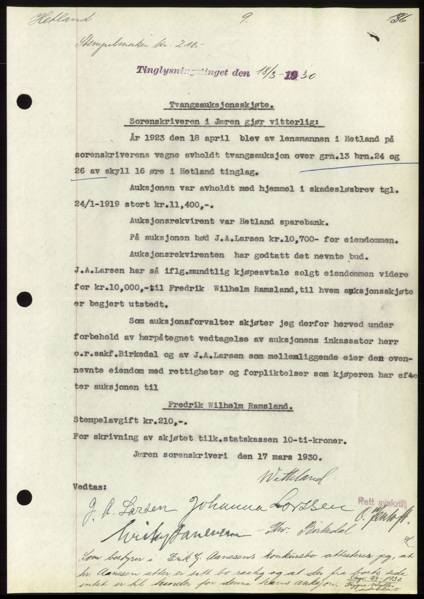 Jæren sorenskriveri, SAST/A-100310/03/G/Gba/L0057: Pantebok nr. 52, 1930-1930, Tingl.dato: 18.03.1930