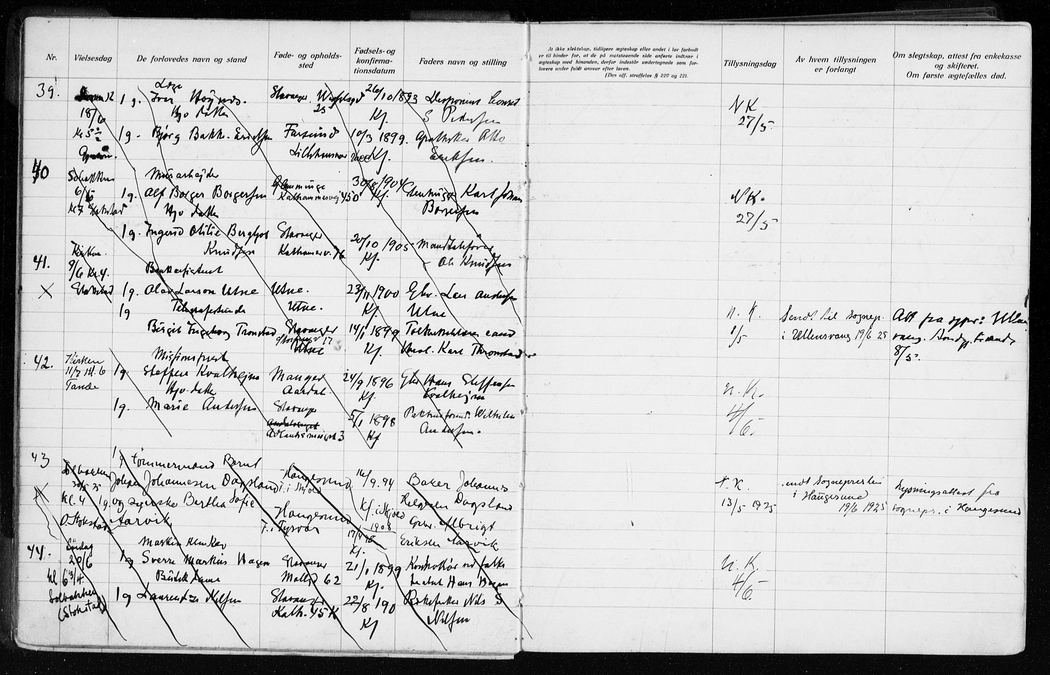 Domkirken sokneprestkontor, AV/SAST-A-101812/001/70/705BA/L0007: Lysningsprotokoll nr. 705.BA.7, 1924-1936
