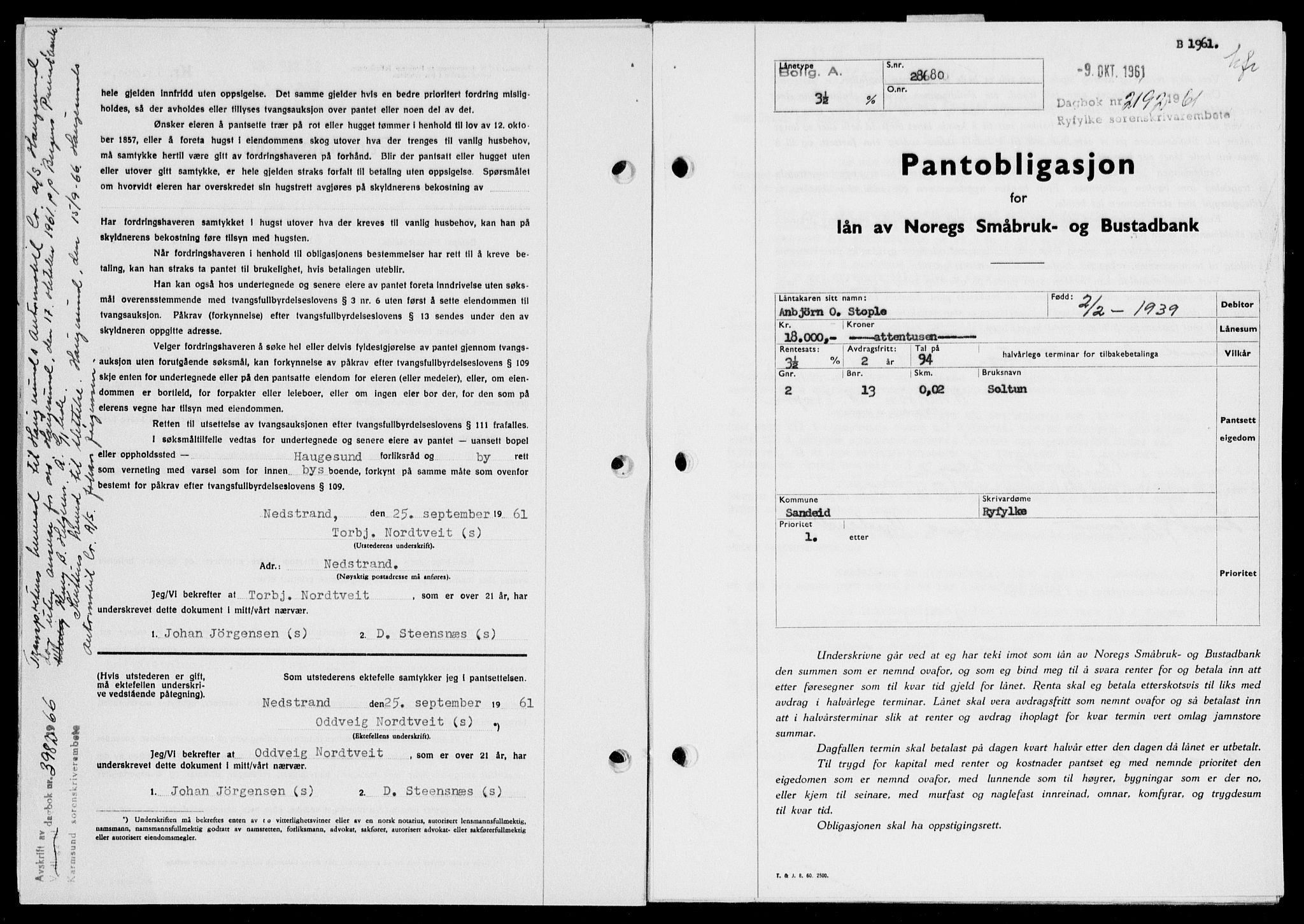 Ryfylke tingrett, SAST/A-100055/001/II/IIB: Pantebok nr. 135-142, 1961-1962, Dagboknr: 2192/1961