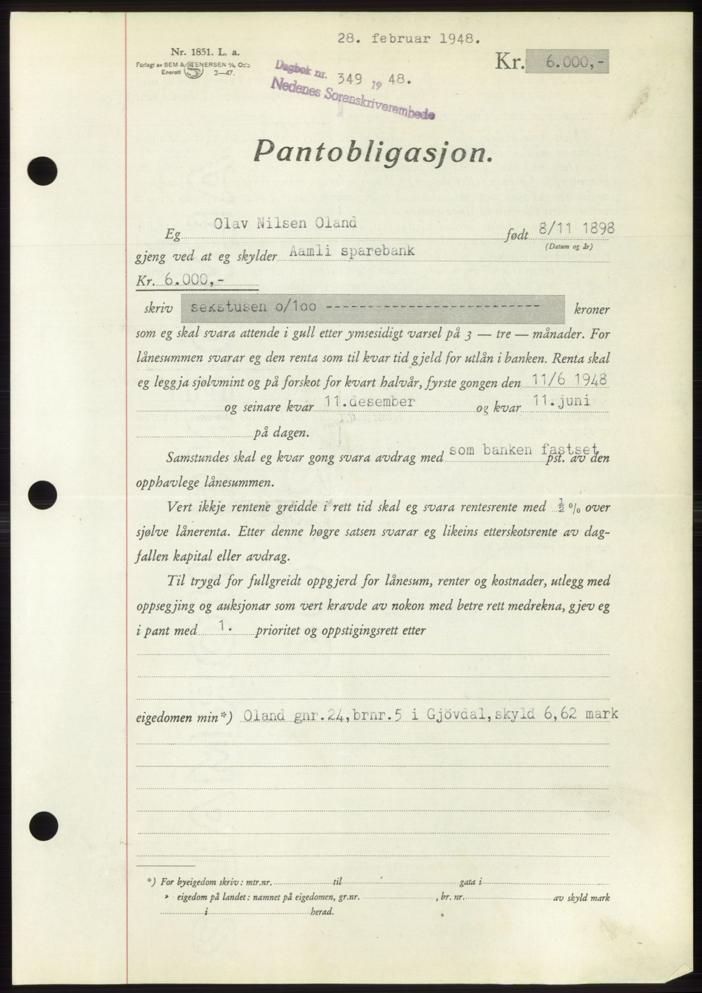 Nedenes sorenskriveri, AV/SAK-1221-0006/G/Gb/Gbb/L0005: Pantebok nr. B5, 1948-1948, Dagboknr: 349/1948