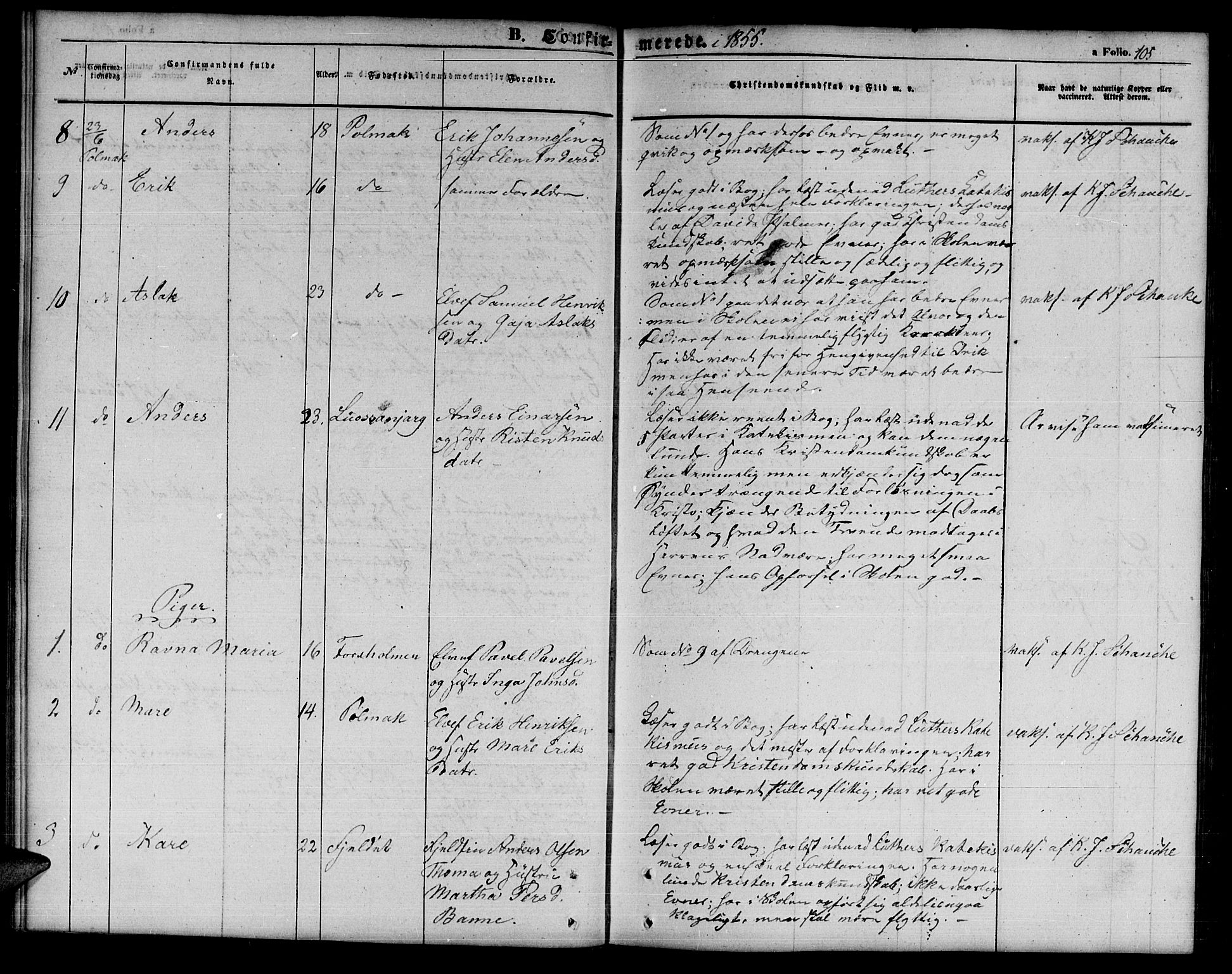 Tana sokneprestkontor, AV/SATØ-S-1334/H/Hb/L0001klokker: Klokkerbok nr. 1 /1, 1853-1867, s. 105