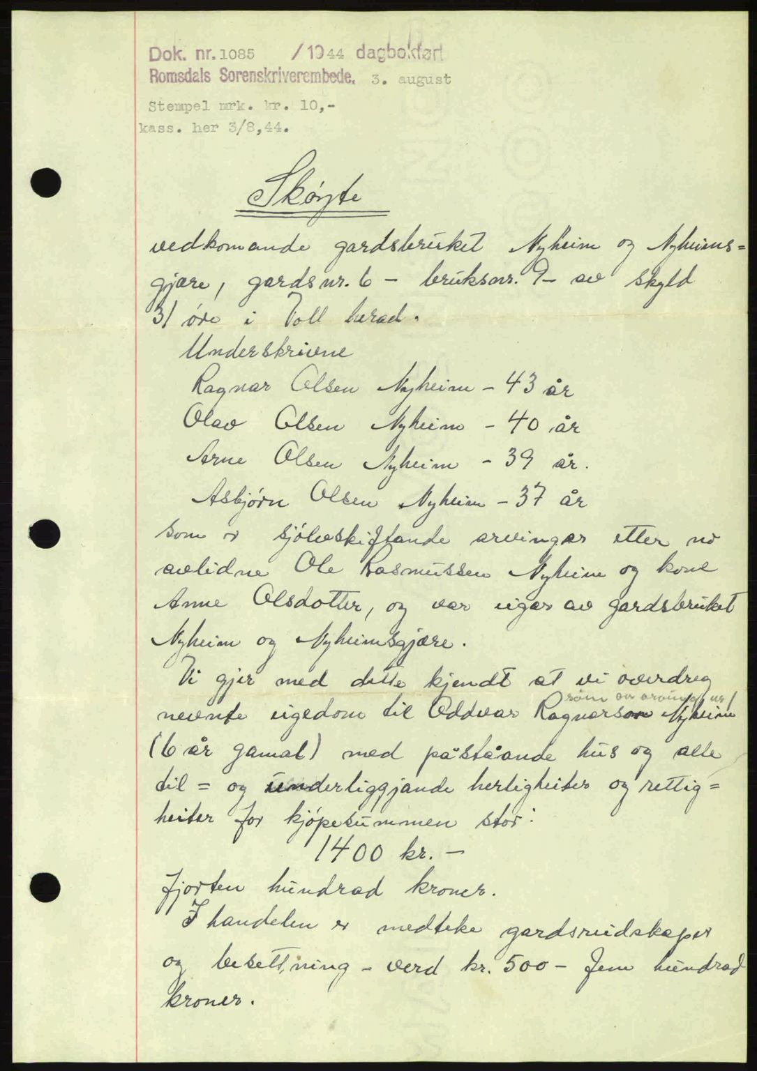 Romsdal sorenskriveri, AV/SAT-A-4149/1/2/2C: Pantebok nr. A16, 1944-1944, Dagboknr: 1085/1944