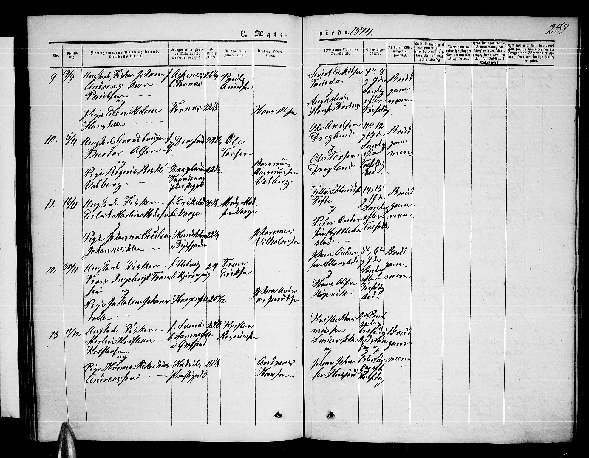 Ministerialprotokoller, klokkerbøker og fødselsregistre - Nordland, AV/SAT-A-1459/872/L1046: Klokkerbok nr. 872C02, 1852-1879, s. 287