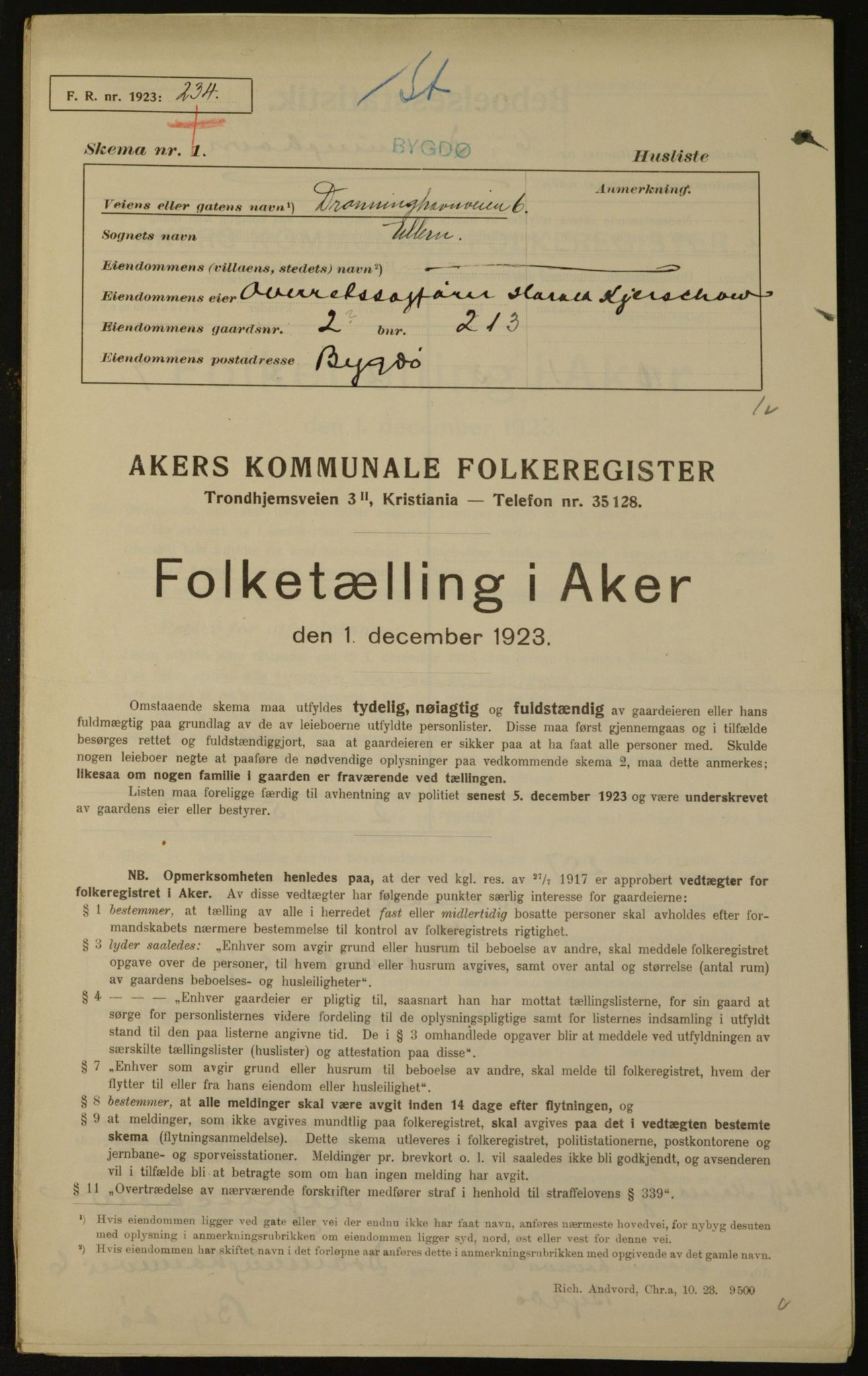 , Kommunal folketelling 1.12.1923 for Aker, 1923, s. 1524