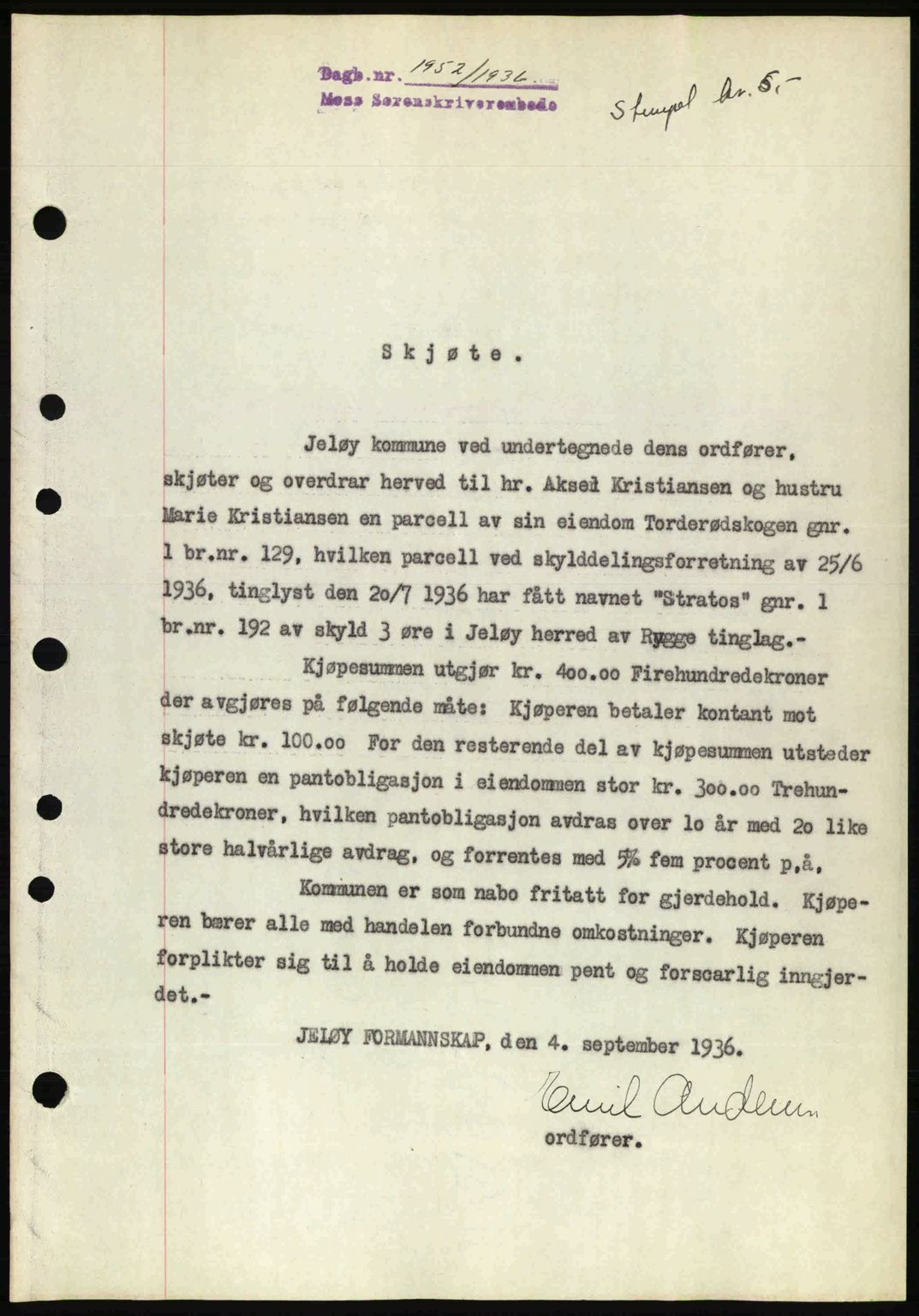 Moss sorenskriveri, SAO/A-10168: Pantebok nr. A2, 1936-1937, Dagboknr: 1952/1936