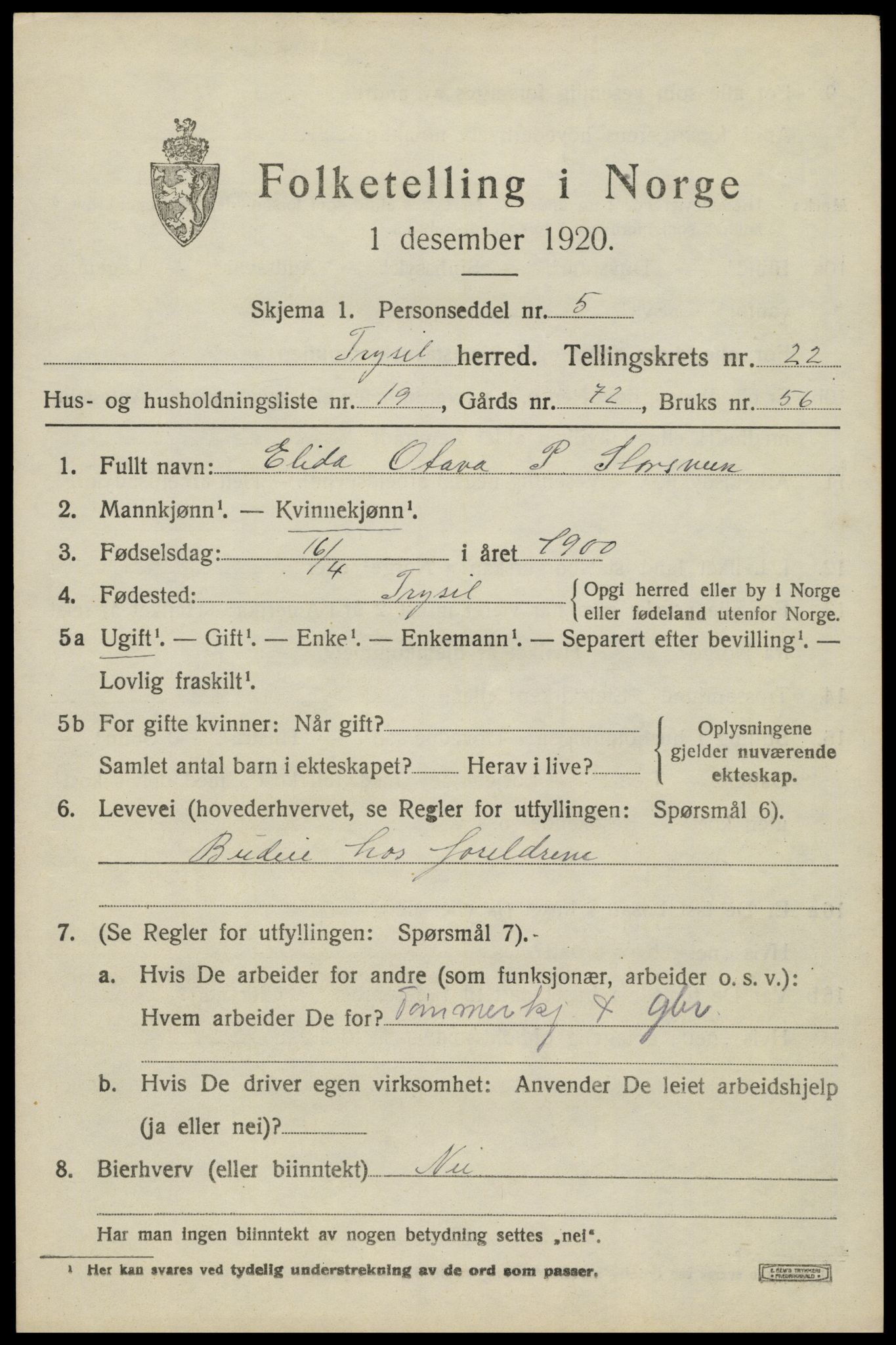 SAH, Folketelling 1920 for 0428 Trysil herred, 1920, s. 14835