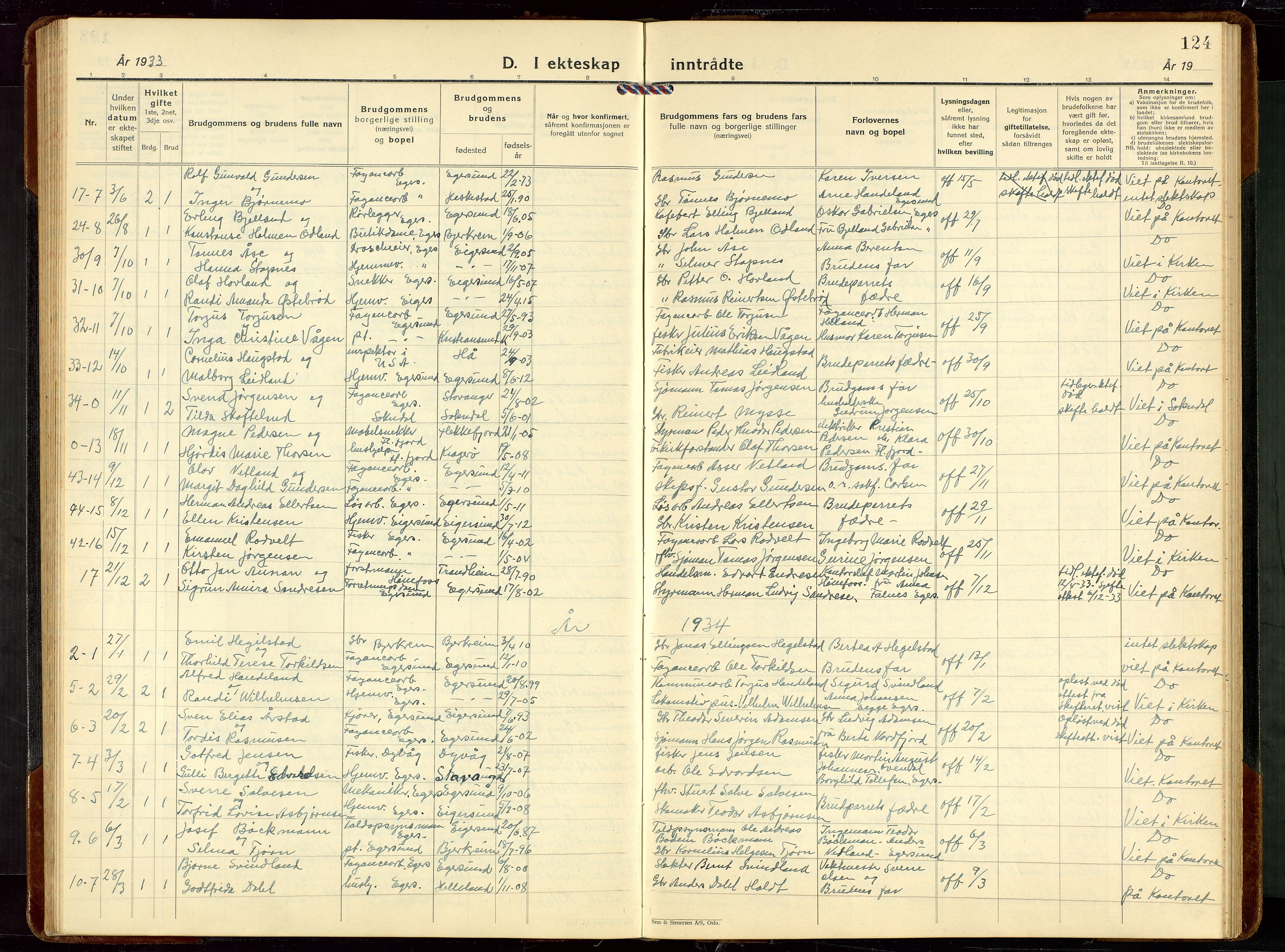 Eigersund sokneprestkontor, SAST/A-101807/S09/L0014: Klokkerbok nr. B 14, 1931-1949, s. 124