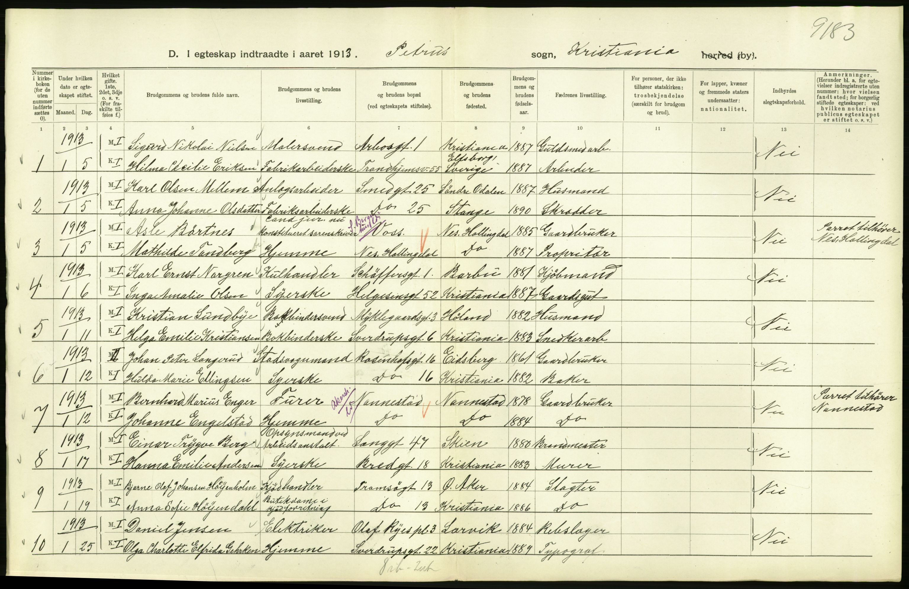 Statistisk sentralbyrå, Sosiodemografiske emner, Befolkning, AV/RA-S-2228/D/Df/Dfb/Dfbc/L0008: Kristiania: Gifte., 1913, s. 406