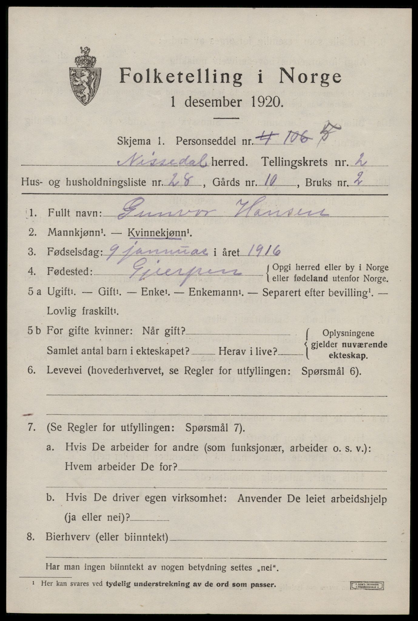 SAKO, Folketelling 1920 for 0830 Nissedal herred, 1920, s. 1497
