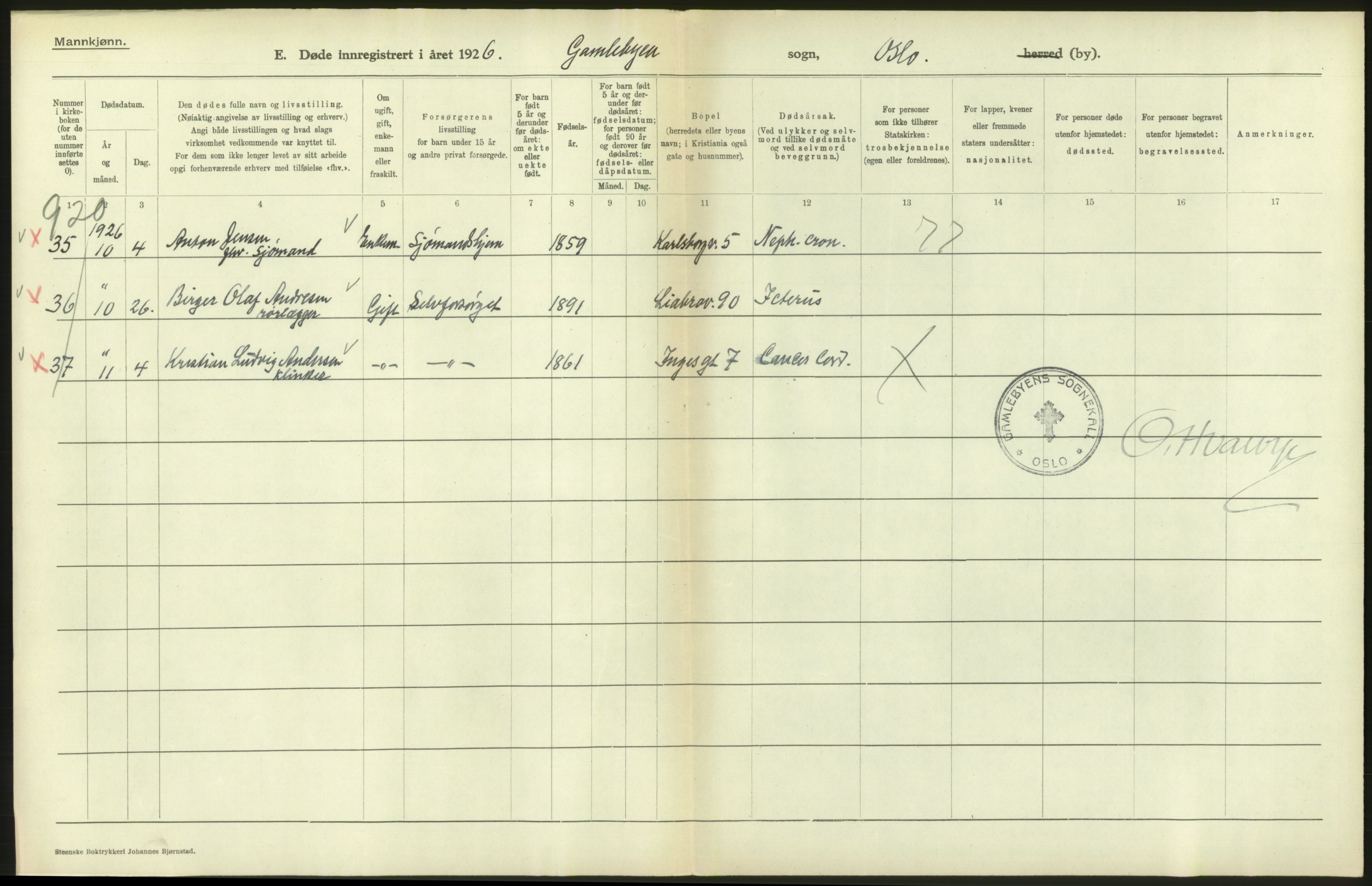 Statistisk sentralbyrå, Sosiodemografiske emner, Befolkning, AV/RA-S-2228/D/Df/Dfc/Dfcf/L0009: Oslo: Døde menn, 1926, s. 332