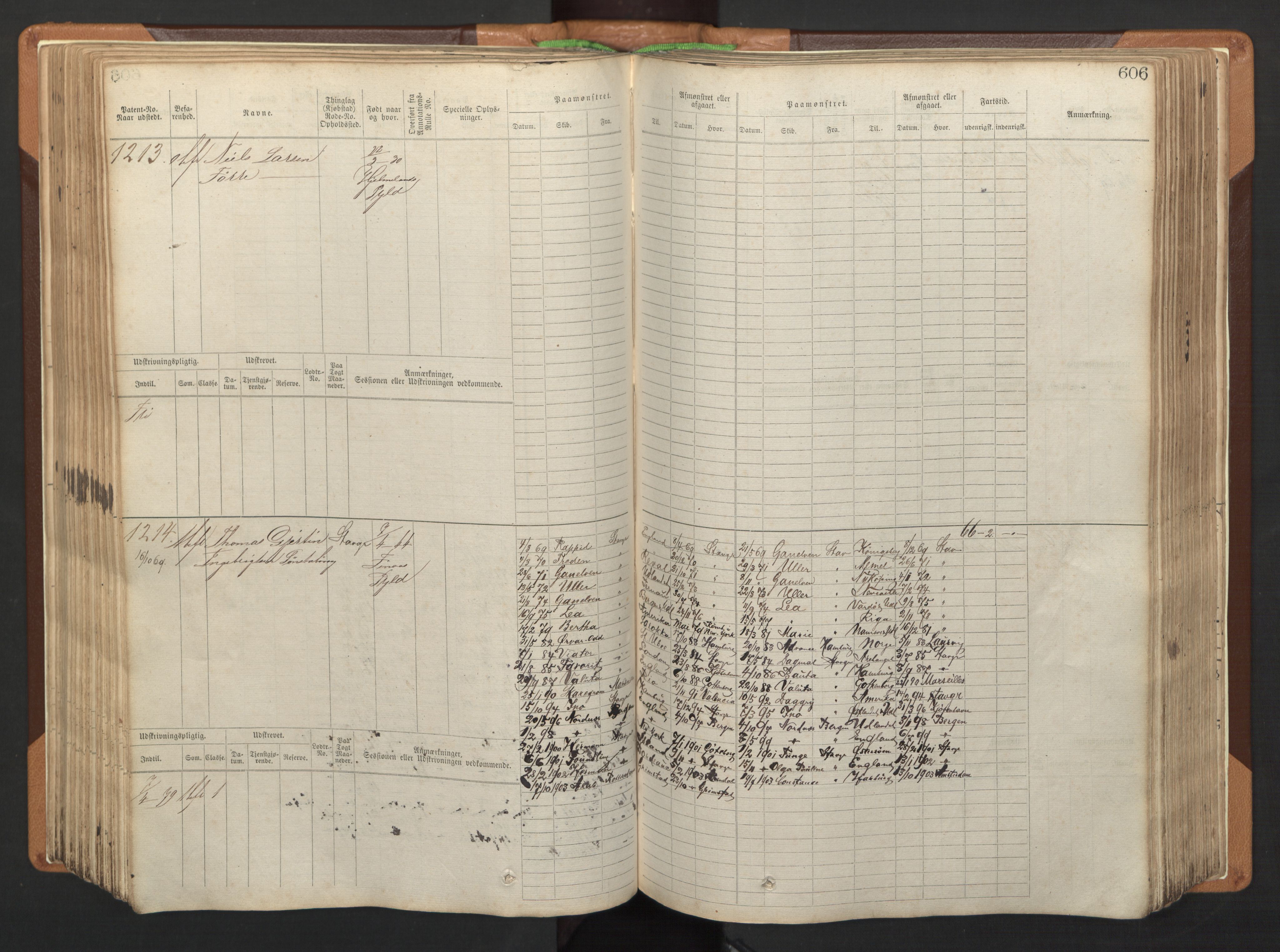 Stavanger sjømannskontor, AV/SAST-A-102006/F/Fb/Fbb/L0005: Sjøfartshovedrulle, patentnr. 793-1606 (del 2), 1869-1880, s. 216