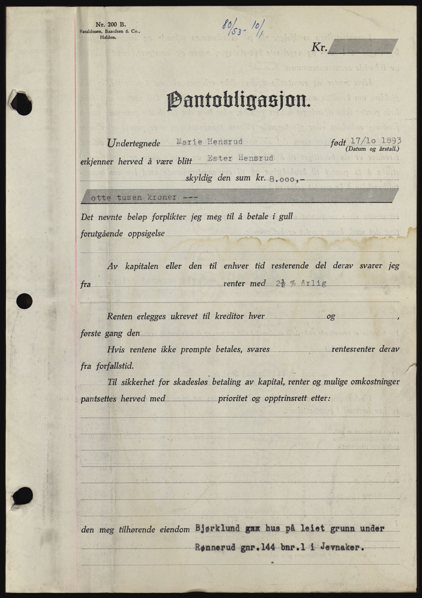 Hadeland og Land tingrett, SAH/TING-010/H/Hb/Hbc/L0026: Pantebok nr. B26, 1953-1953, Dagboknr: 80/1953