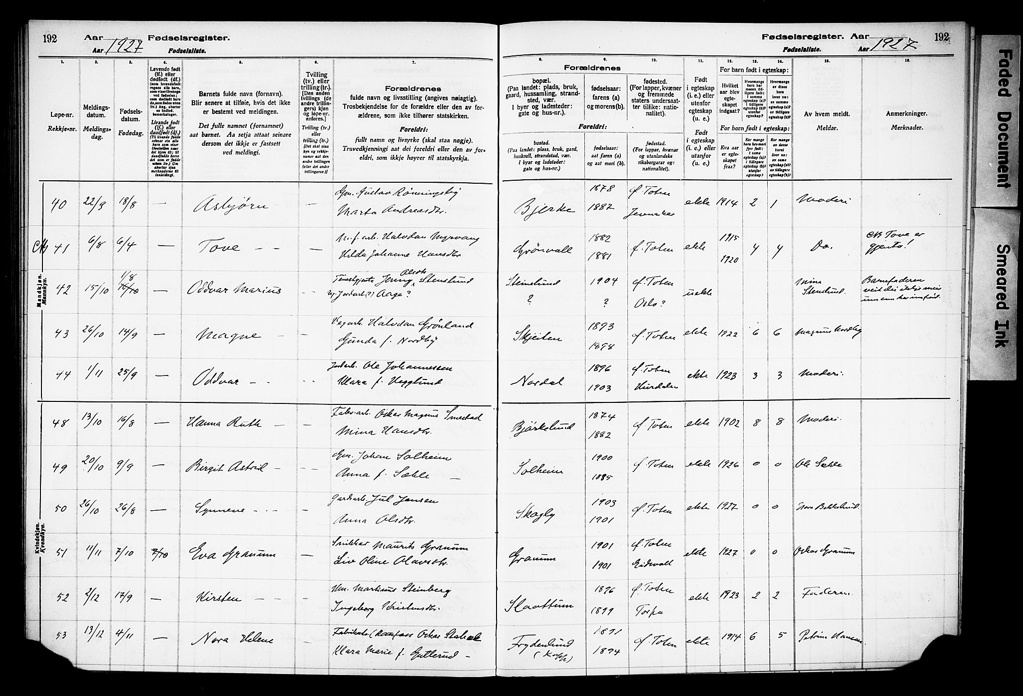 Østre Toten prestekontor, AV/SAH-PREST-104/I/Id/L0001/0001: Fødselsregister nr. 1.1, 1916-1928, s. 192