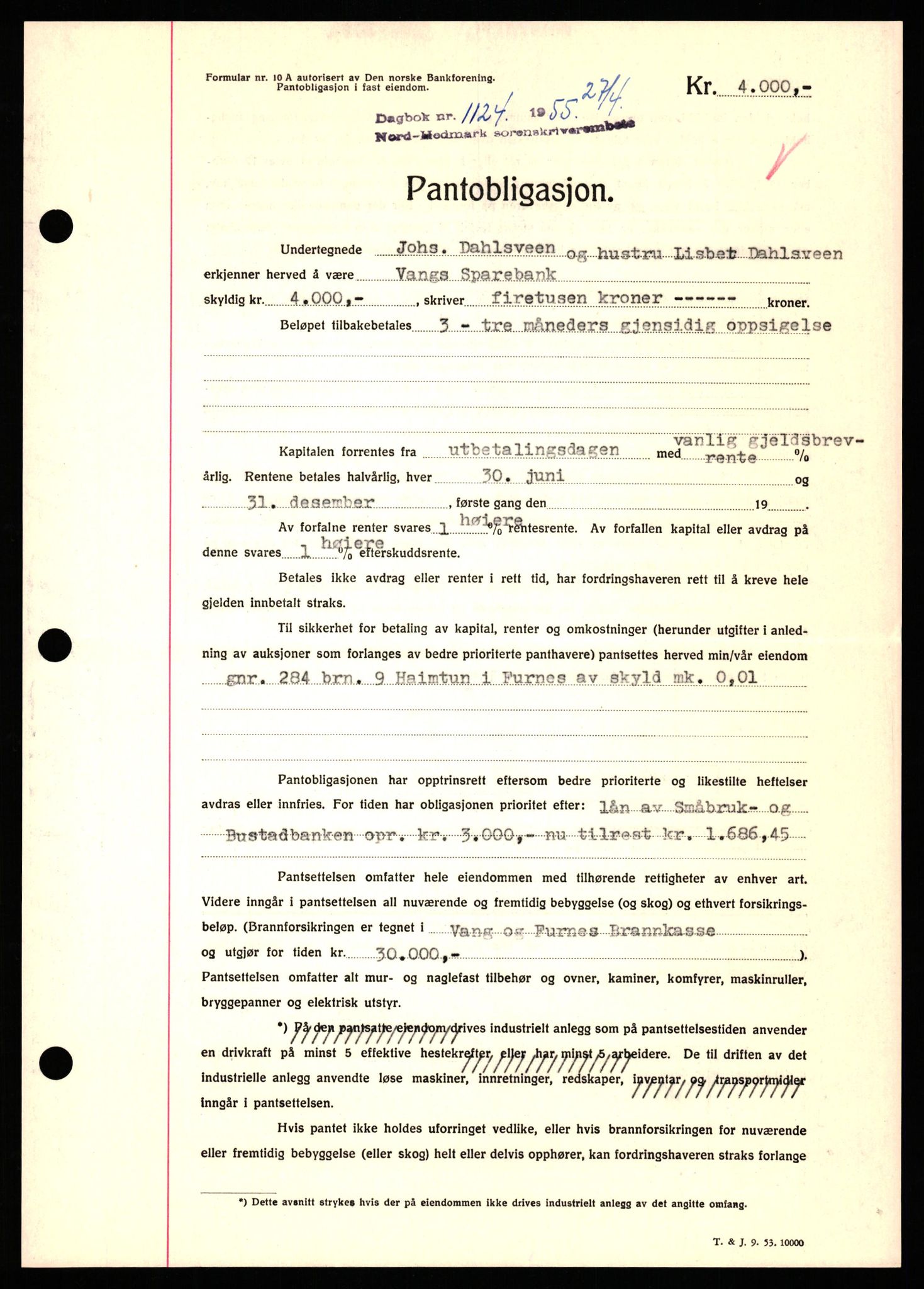 Nord-Hedmark sorenskriveri, SAH/TING-012/H/Hb/Hbf/L0032: Pantebok nr. B32, 1955-1955, Dagboknr: 1124/1952