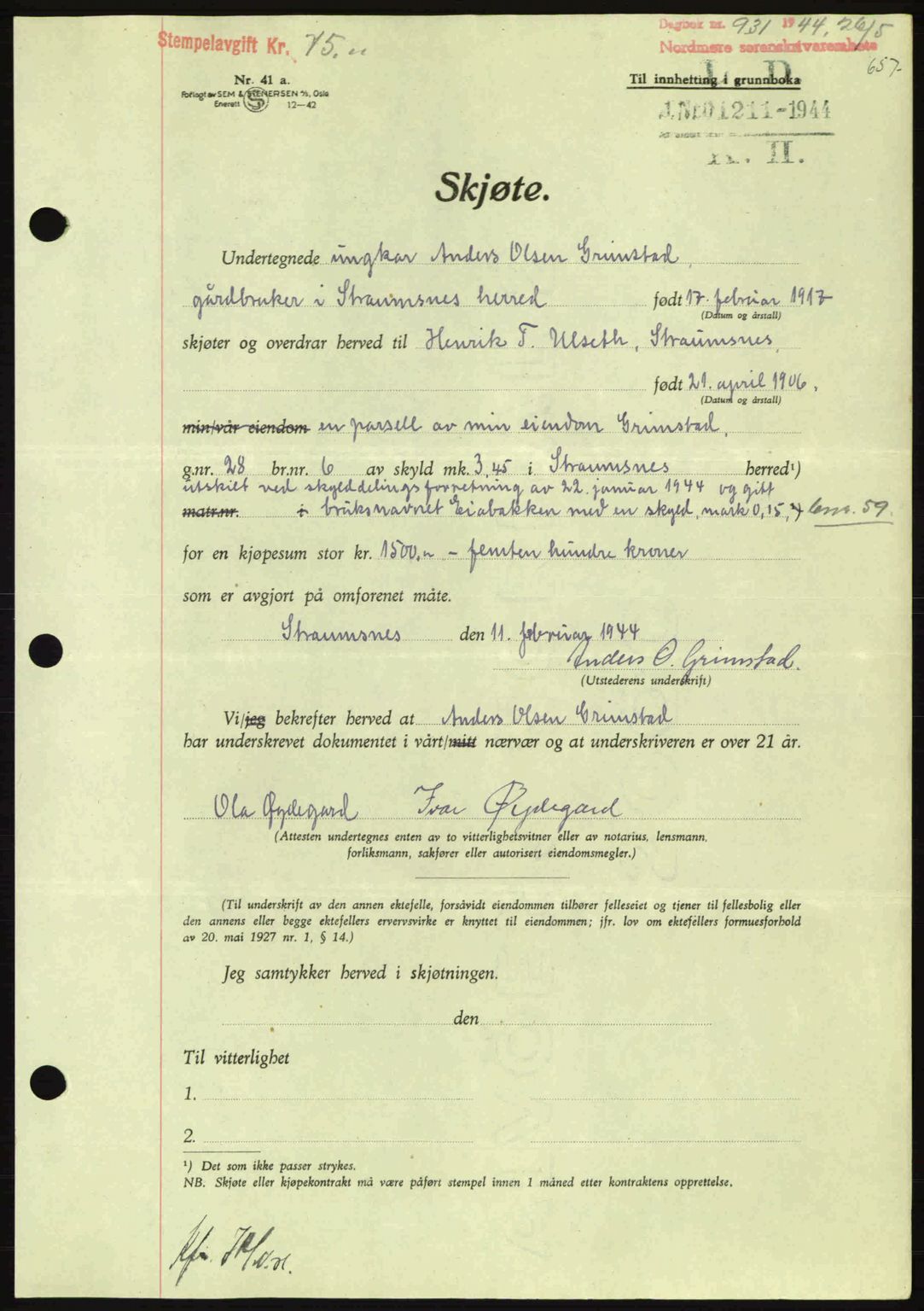 Nordmøre sorenskriveri, AV/SAT-A-4132/1/2/2Ca: Pantebok nr. A97, 1944-1944, Dagboknr: 931/1944