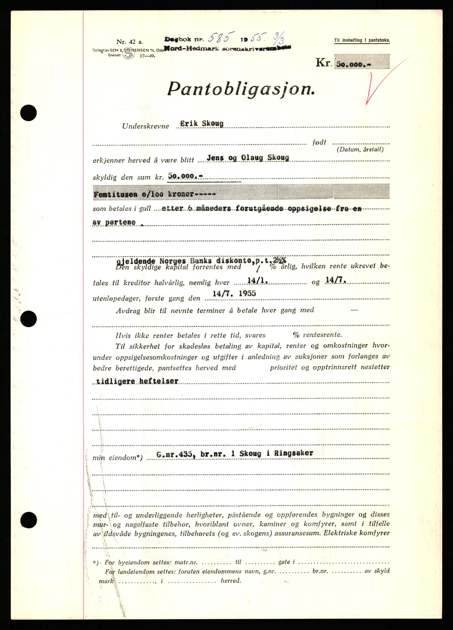 Nord-Hedmark sorenskriveri, SAH/TING-012/H/Hb/Hbf/L0032: Pantebok nr. B32, 1955-1955, Dagboknr: 585/1952