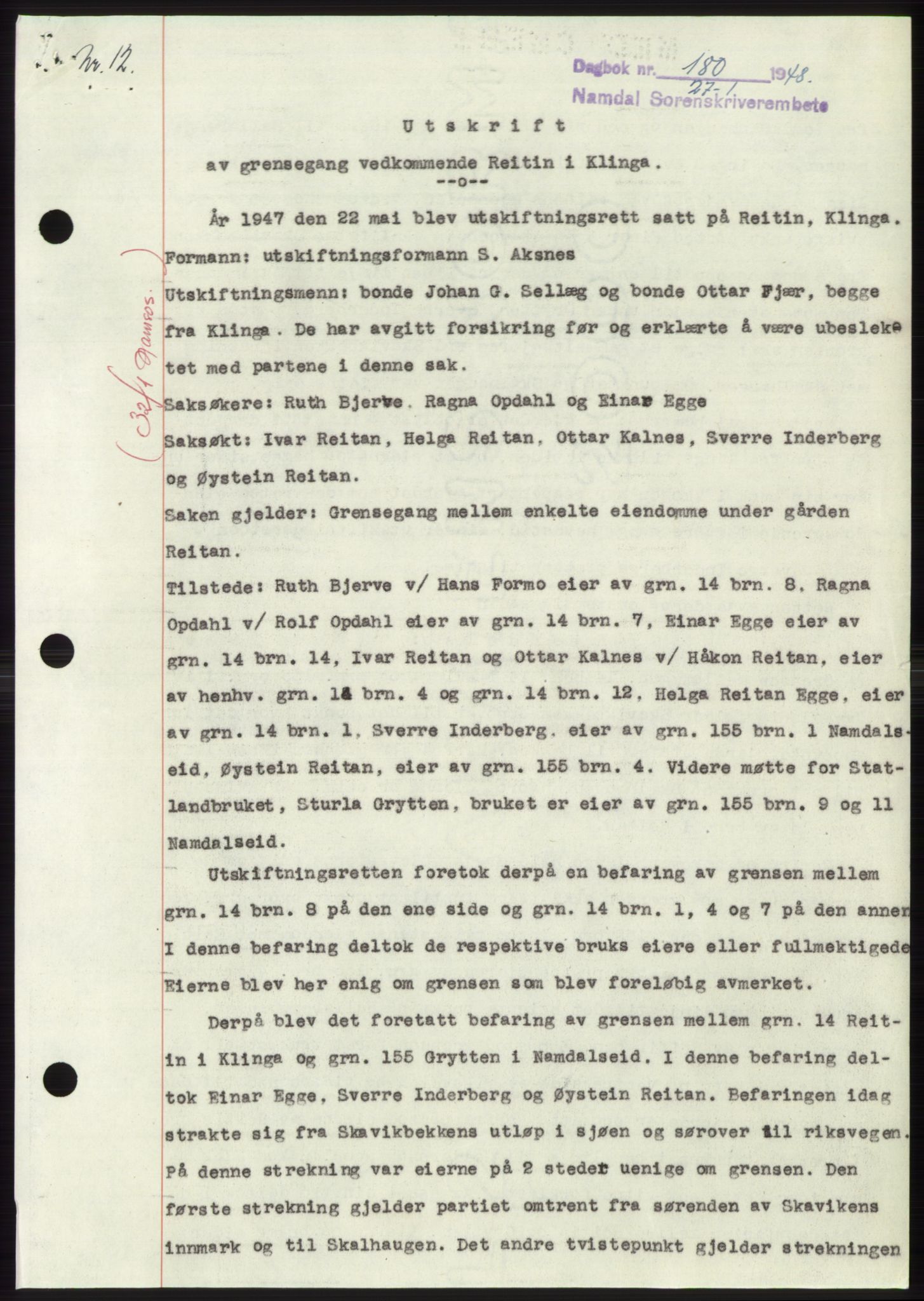 Namdal sorenskriveri, SAT/A-4133/1/2/2C: Pantebok nr. -, 1947-1948, Dagboknr: 180/1948