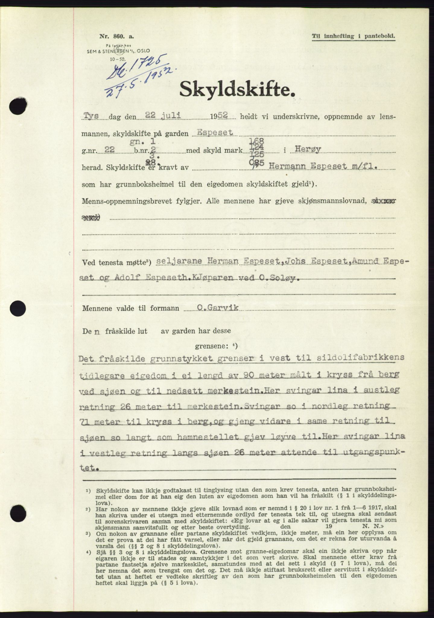 Søre Sunnmøre sorenskriveri, AV/SAT-A-4122/1/2/2C/L0092: Pantebok nr. 18A, 1952-1952, Dagboknr: 1725/1952