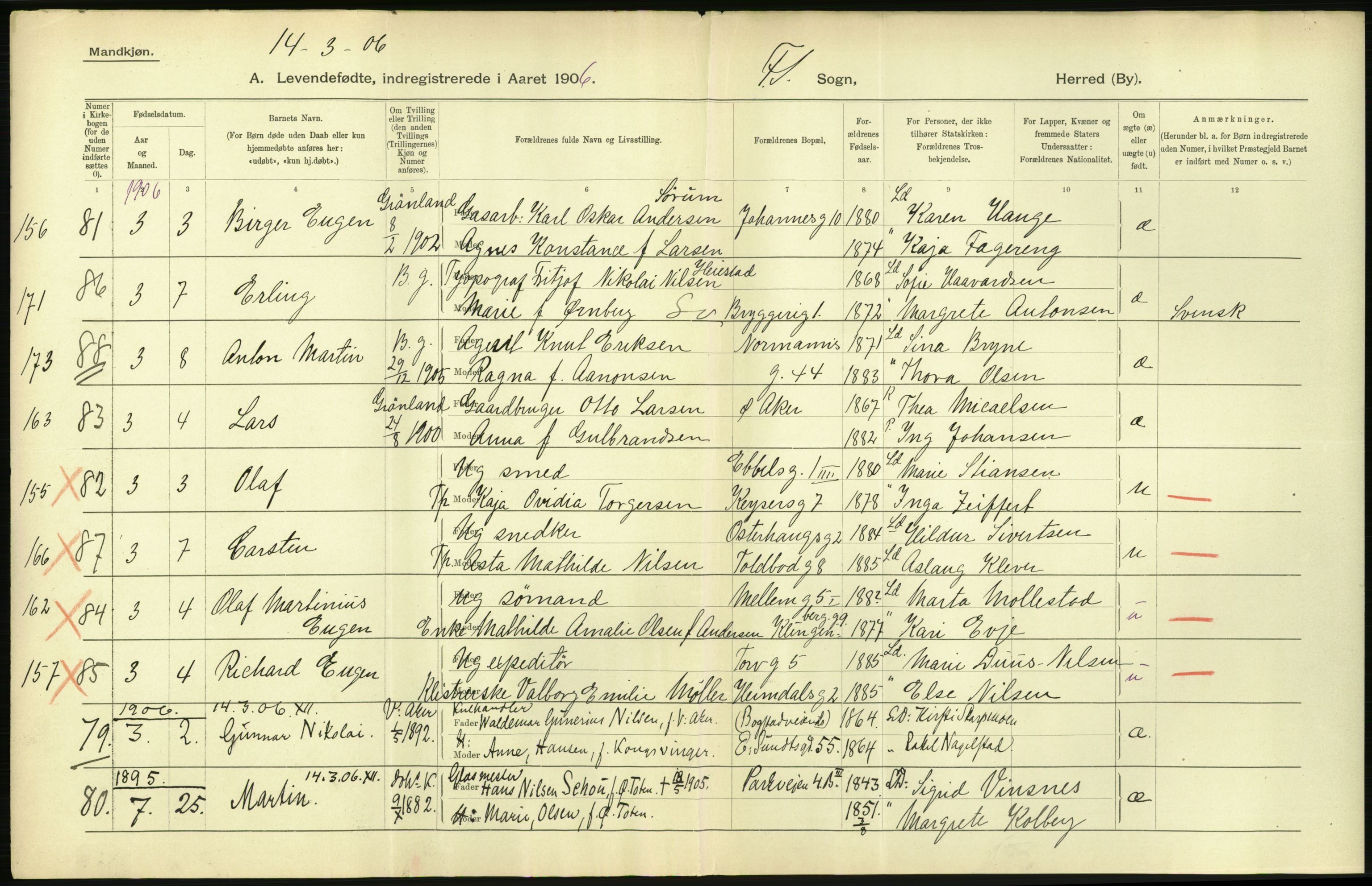 Statistisk sentralbyrå, Sosiodemografiske emner, Befolkning, AV/RA-S-2228/D/Df/Dfa/Dfad/L0006: Kristiania: Levendefødte menn og kvinner., 1906, s. 154