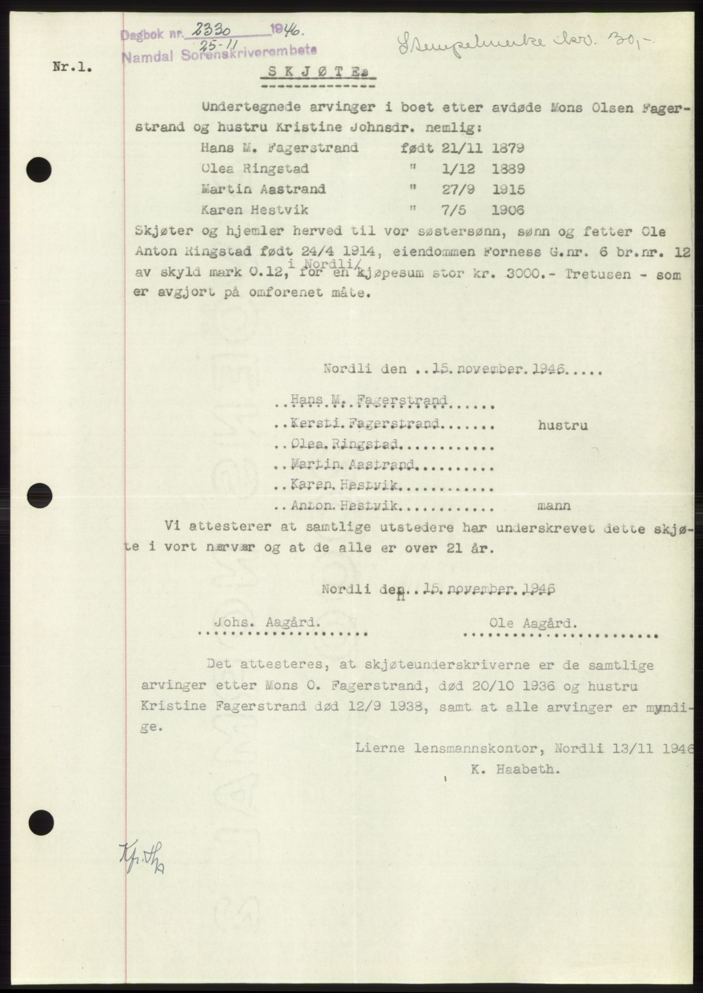 Namdal sorenskriveri, SAT/A-4133/1/2/2C: Pantebok nr. -, 1946-1947, Dagboknr: 2330/1946