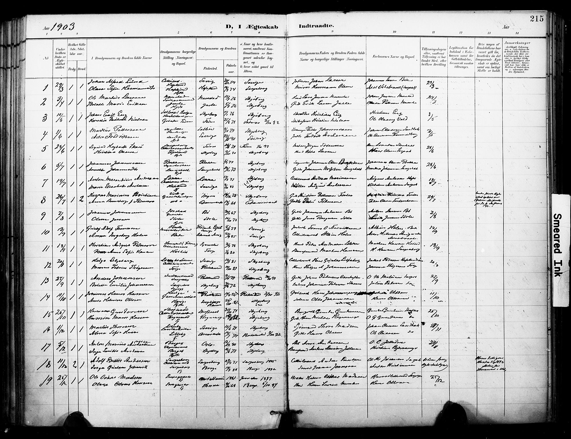 Skjeberg prestekontor Kirkebøker, AV/SAO-A-10923/F/Fa/L0010: Ministerialbok nr. I 10, 1898-1911, s. 215