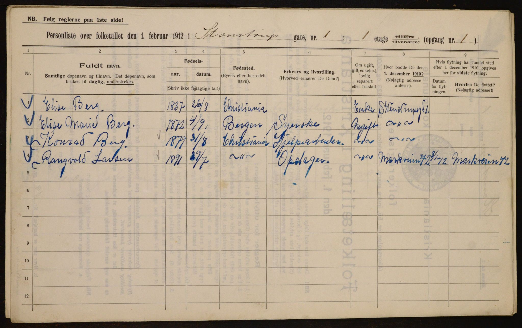 OBA, Kommunal folketelling 1.2.1912 for Kristiania, 1912, s. 100914