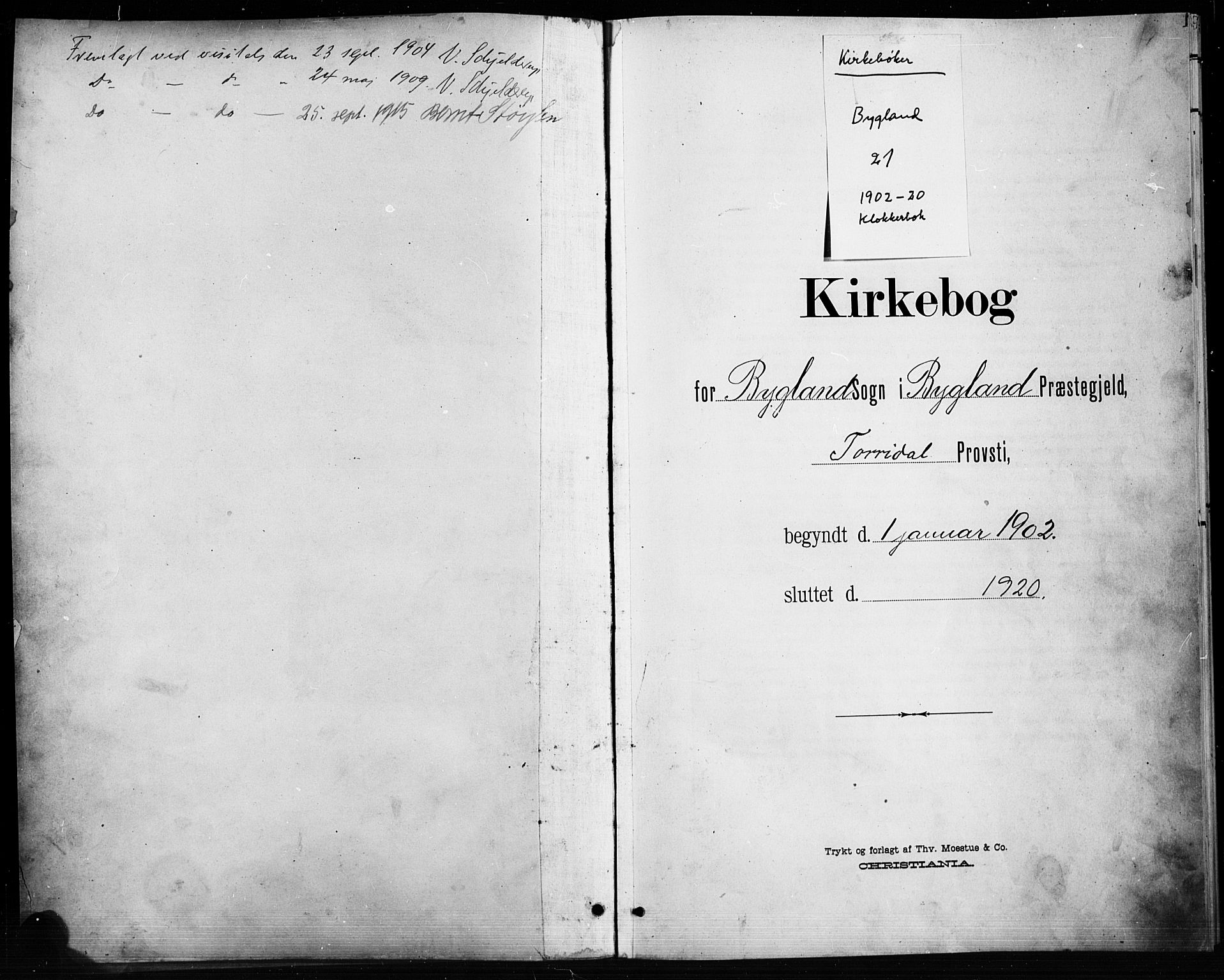 Bygland sokneprestkontor, SAK/1111-0006/F/Fb/Fbb/L0004: Klokkerbok nr. B 4, 1902-1920, s. 1