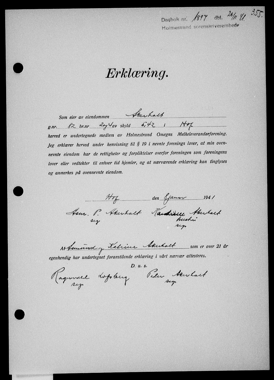 Holmestrand sorenskriveri, SAKO/A-67/G/Ga/Gaa/L0054: Pantebok nr. A-54, 1941-1942, Dagboknr: 1897/1941