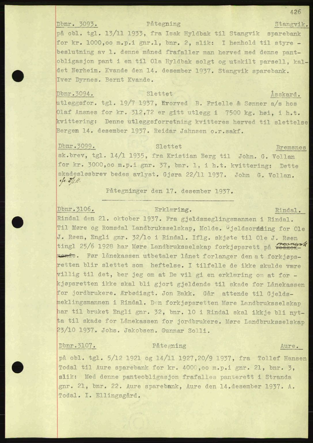 Nordmøre sorenskriveri, SAT/A-4132/1/2/2Ca: Pantebok nr. C80, 1936-1939, Dagboknr: 3093/1937