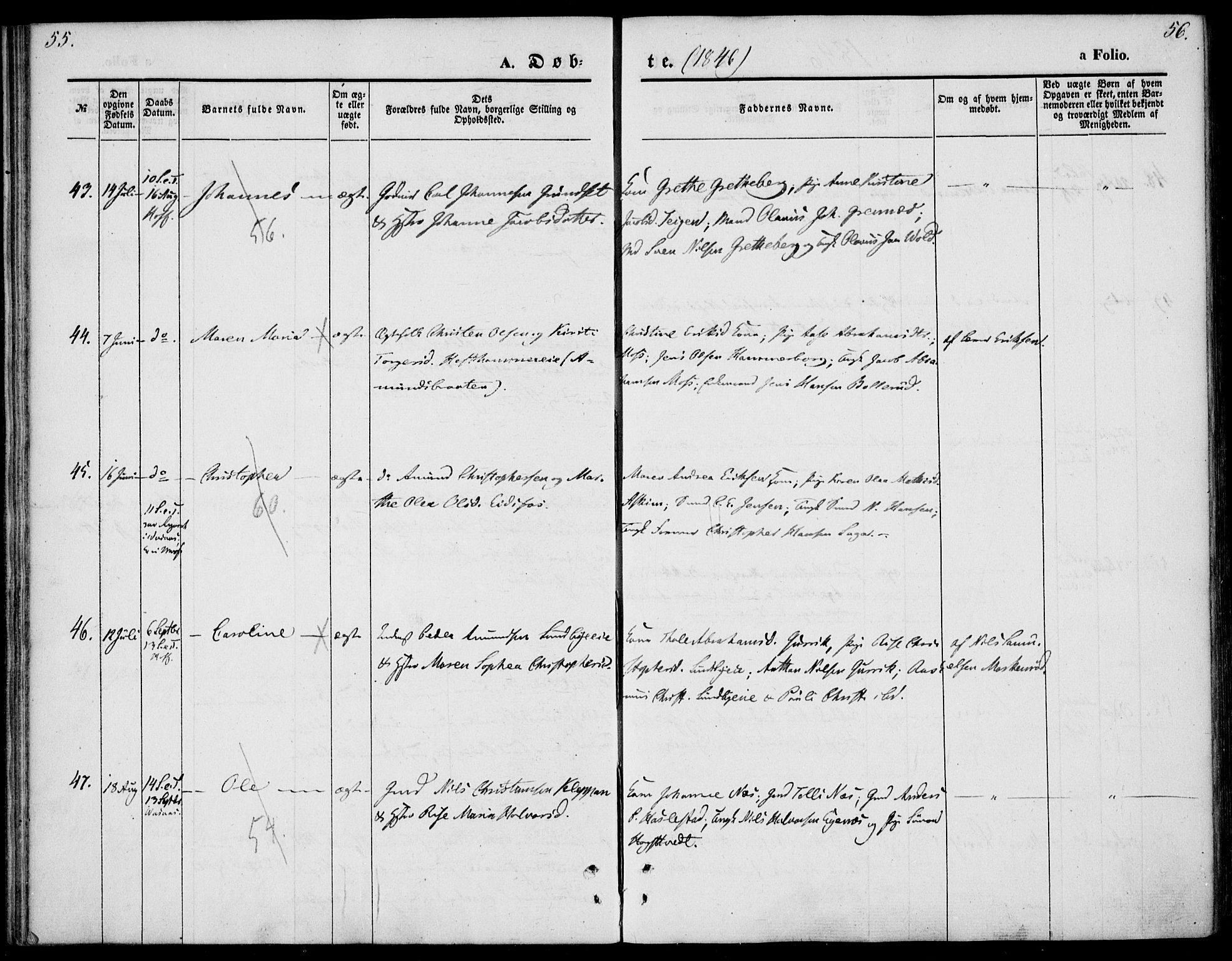 Hof kirkebøker, AV/SAKO-A-64/F/Fa/L0005: Ministerialbok nr. I 5, 1844-1851, s. 55-56