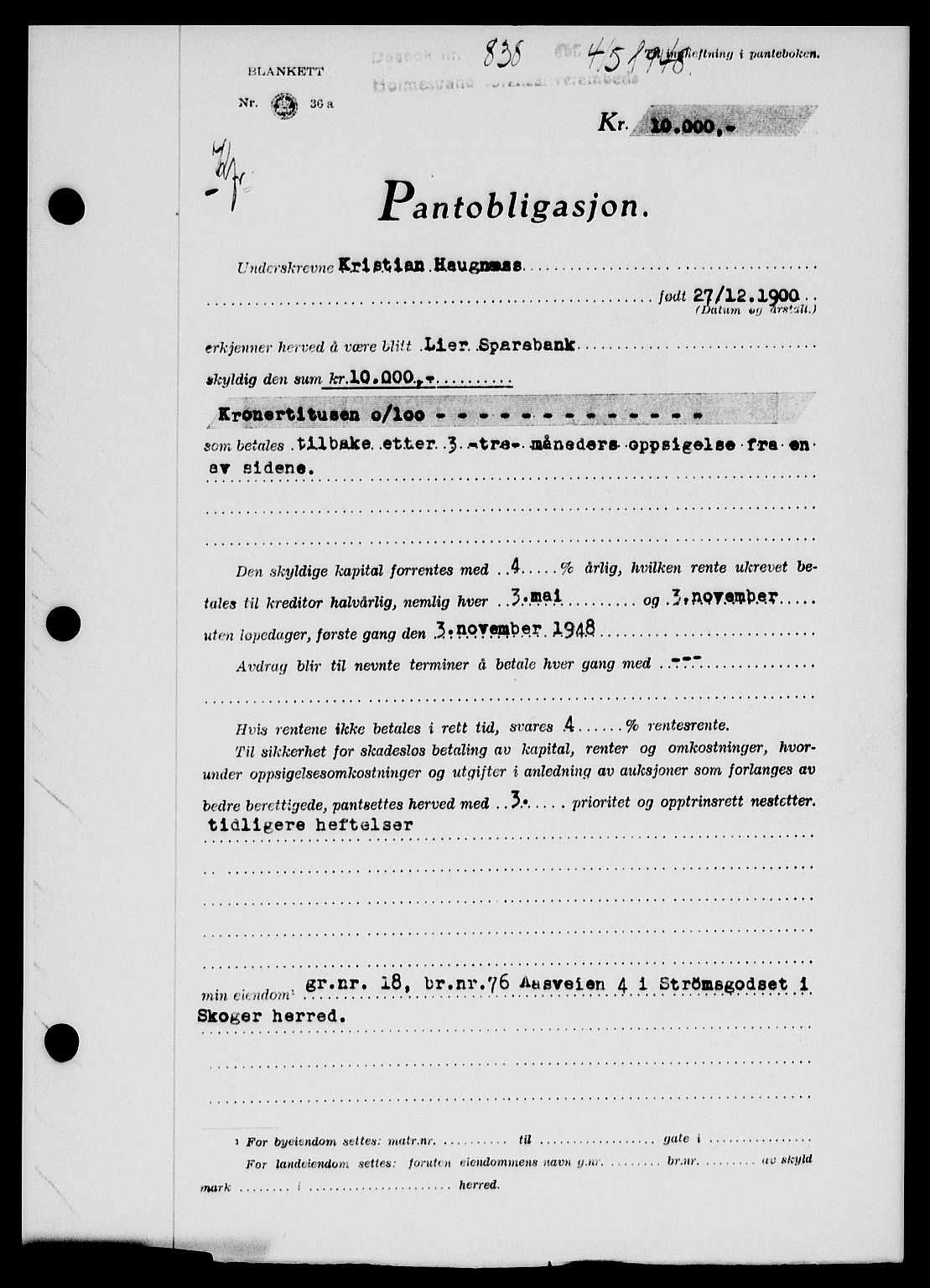 Holmestrand sorenskriveri, SAKO/A-67/G/Ga/Gab/L0058: Pantebok nr. B-58, 1947-1948, Dagboknr: 838/1948