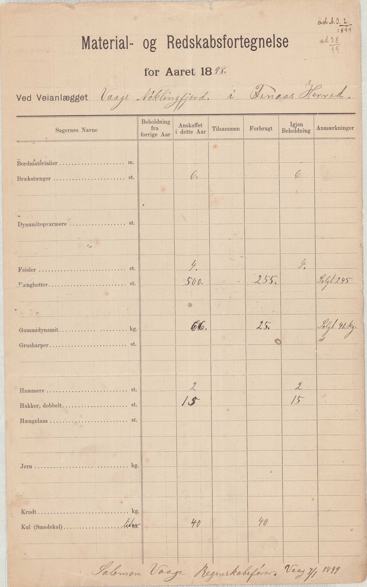 Finnaas kommune. Formannskapet, IKAH/1218a-021/E/Ea/L0002/0006: Rekneskap for veganlegg / Rekneskap for veganlegget Våge - Nøkling, 1898, s. 27